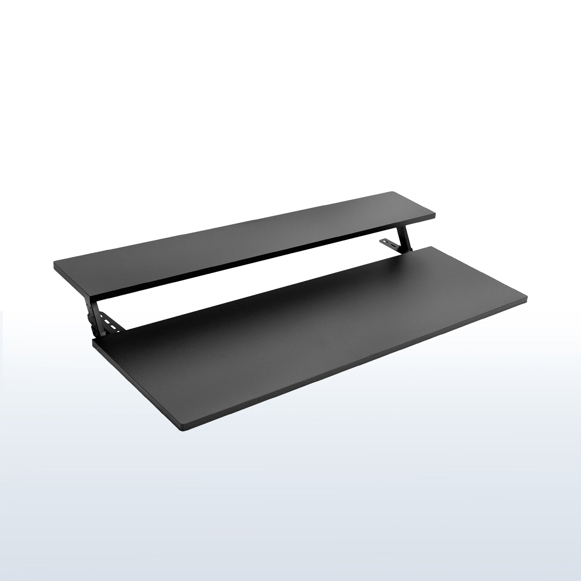 Heavy-duty adjustable sit or stand dual tier ergonomic office desk workstation.
