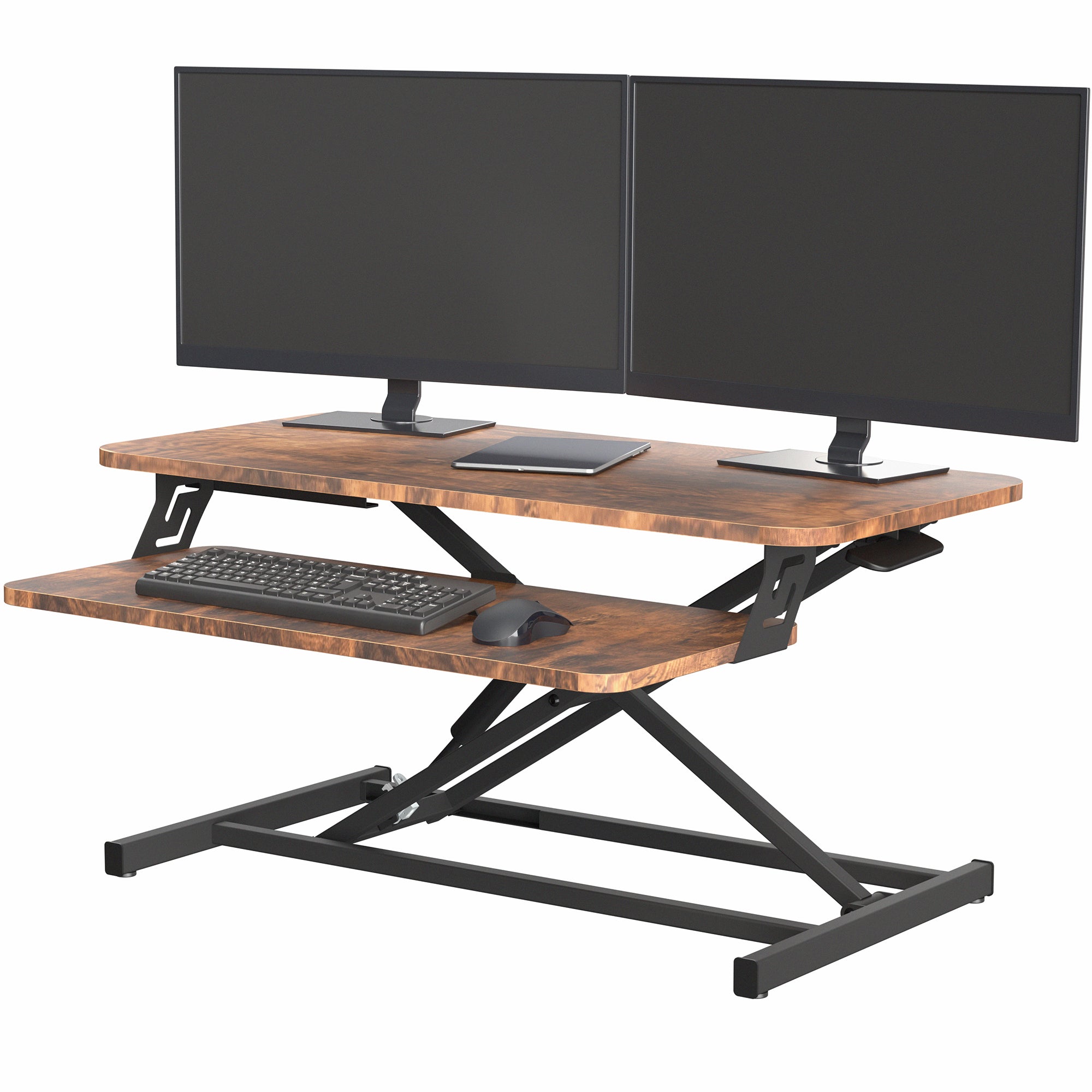 Heavy-duty, rustic, height adjustable desk converter monitor riser with 2 tiers.