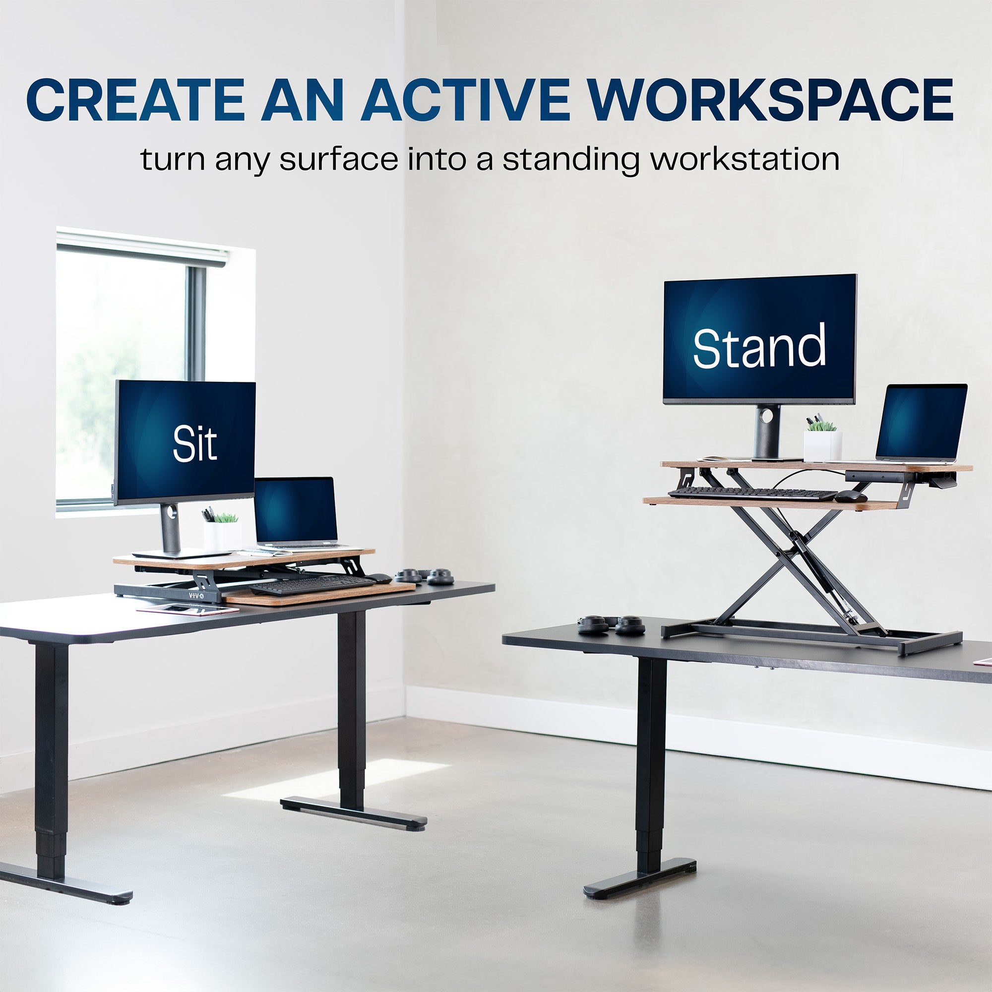 Heavy-duty, rustic, height adjustable desk converter monitor riser with 2 tiers.