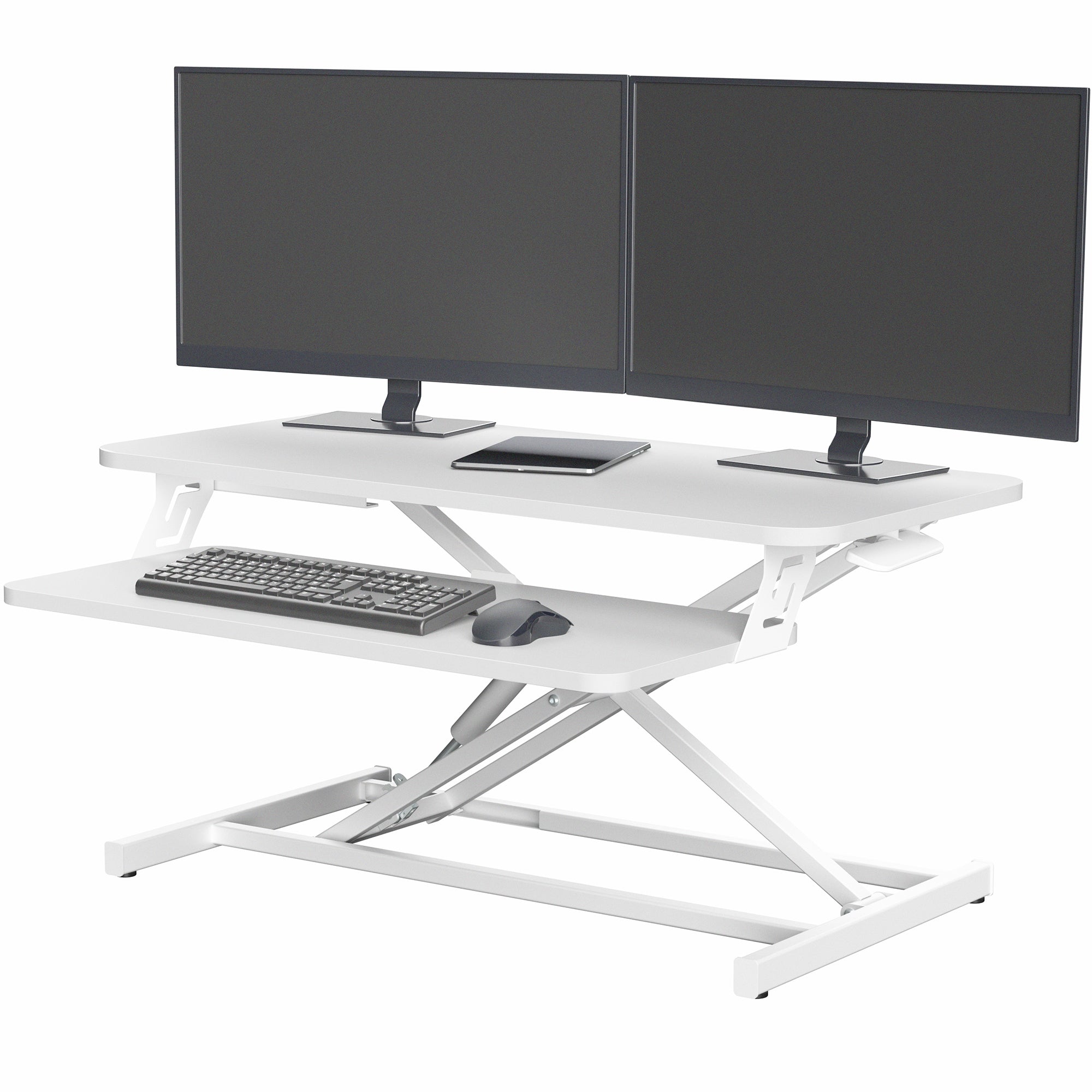 Heavy-duty height adjustable desk converter monitor riser with 2 tiers.