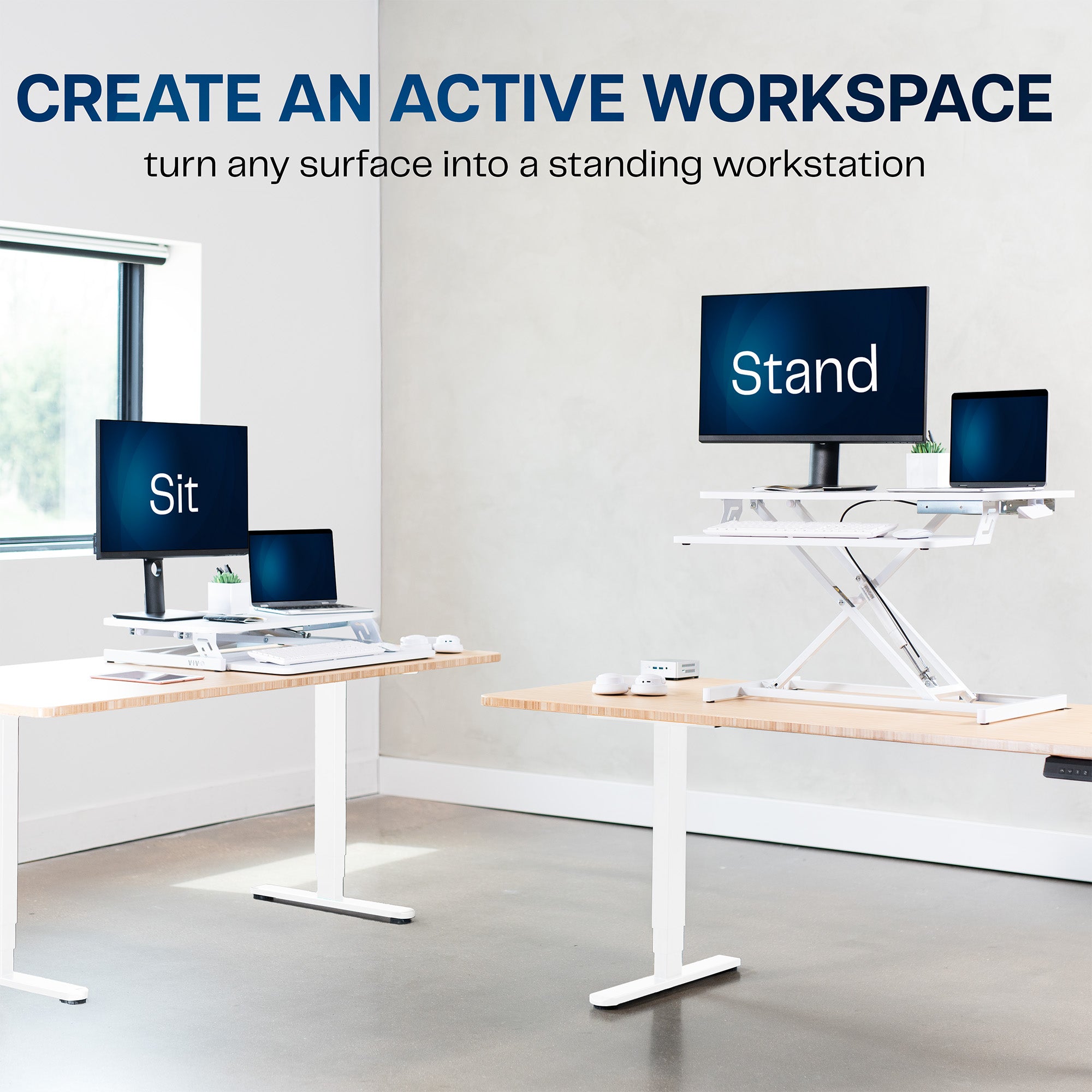 Modern and ergonomic designed office space with desk converter.