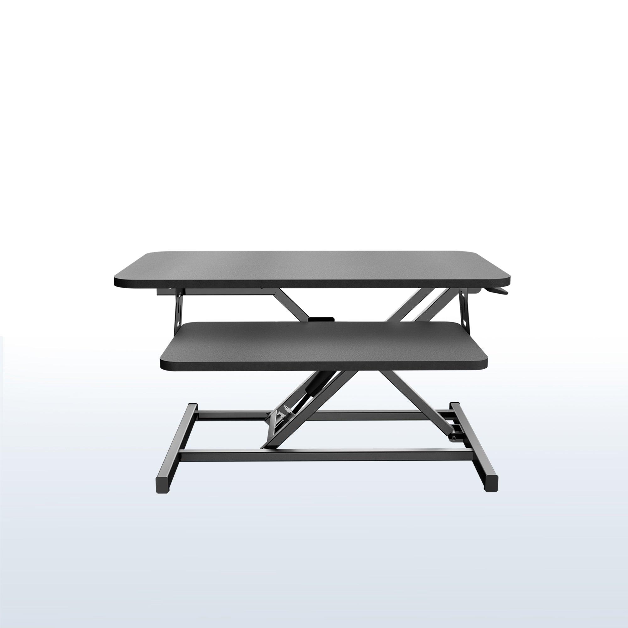 Heavy-duty height adjustable desk converter monitor riser with 2 tiers.