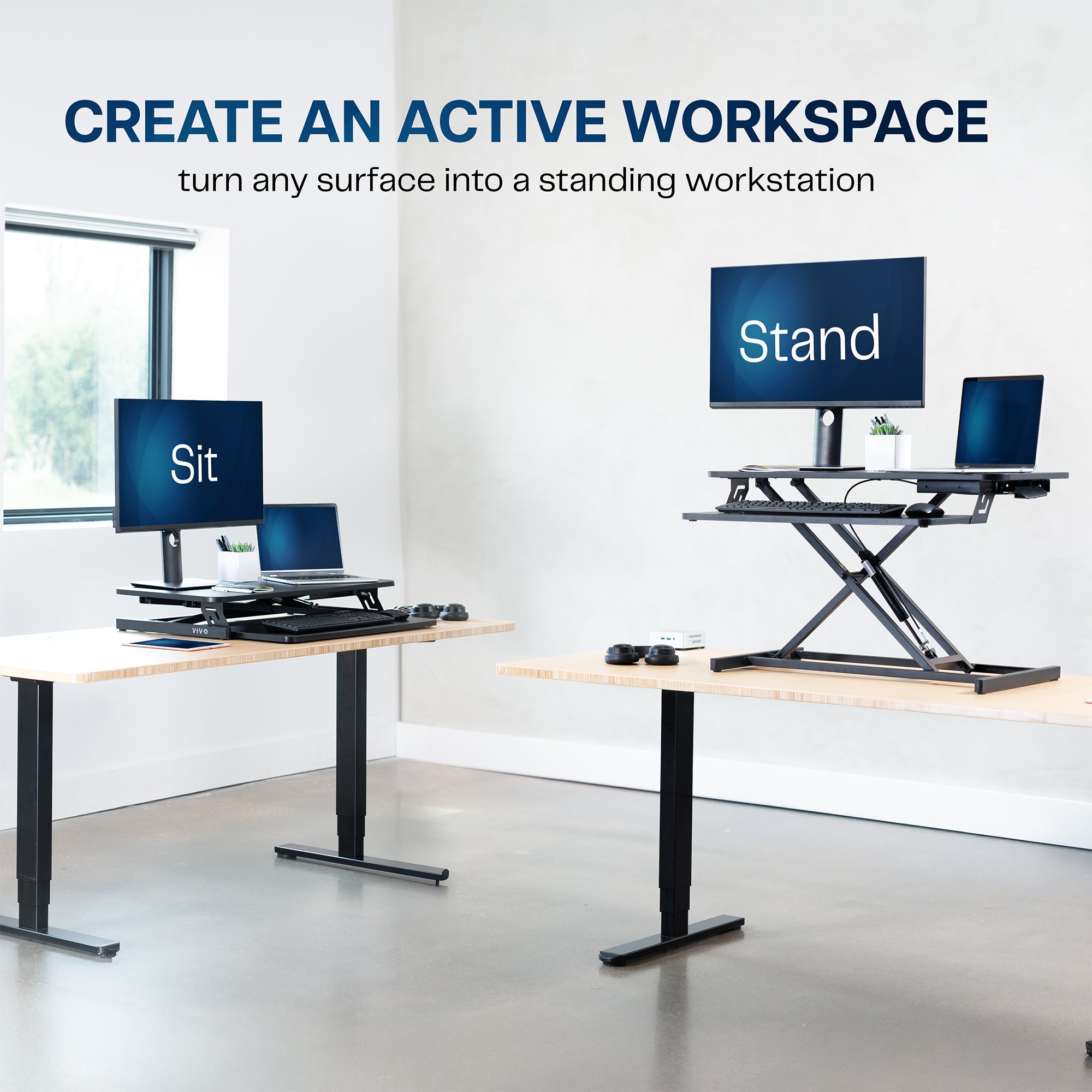 Heavy-duty height adjustable desk converter monitor riser with 2 tiers.