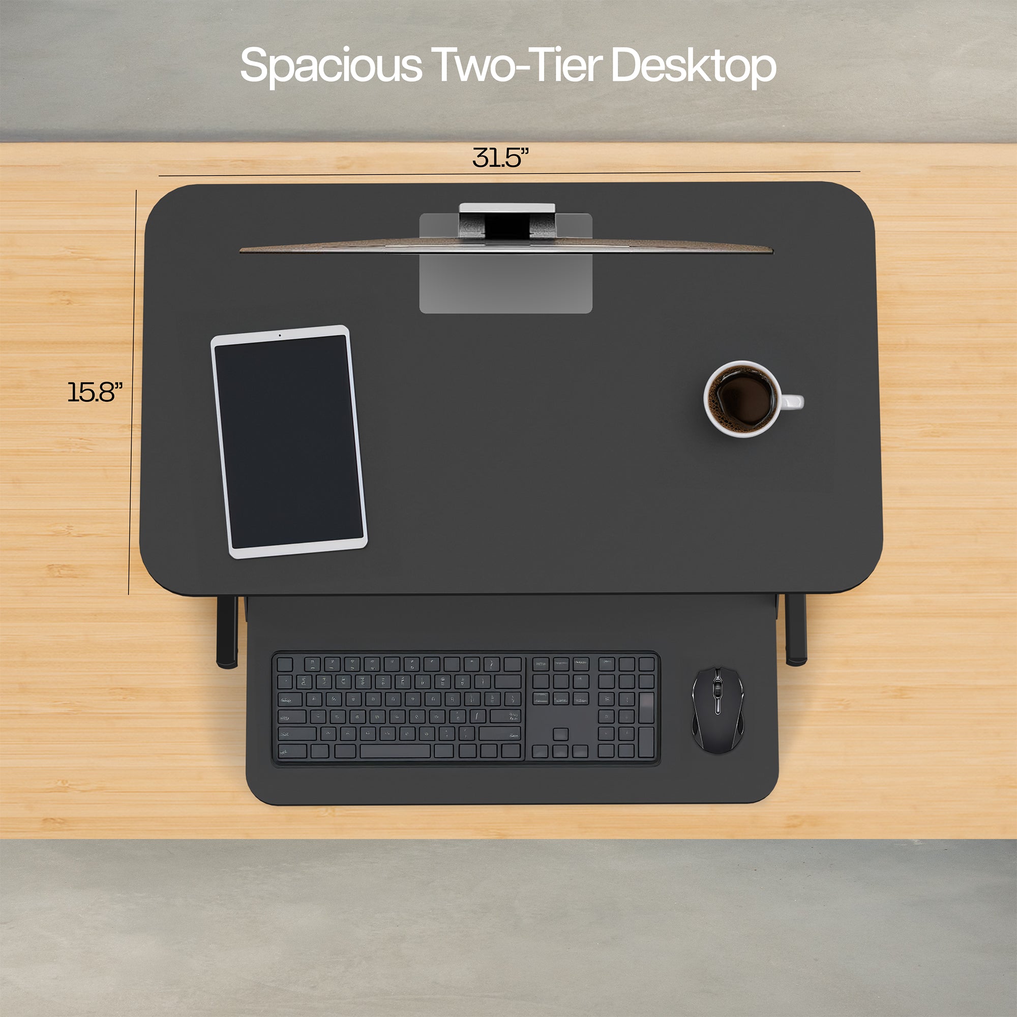 Heavy-duty height adjustable desk converter monitor riser with 2 tiers.