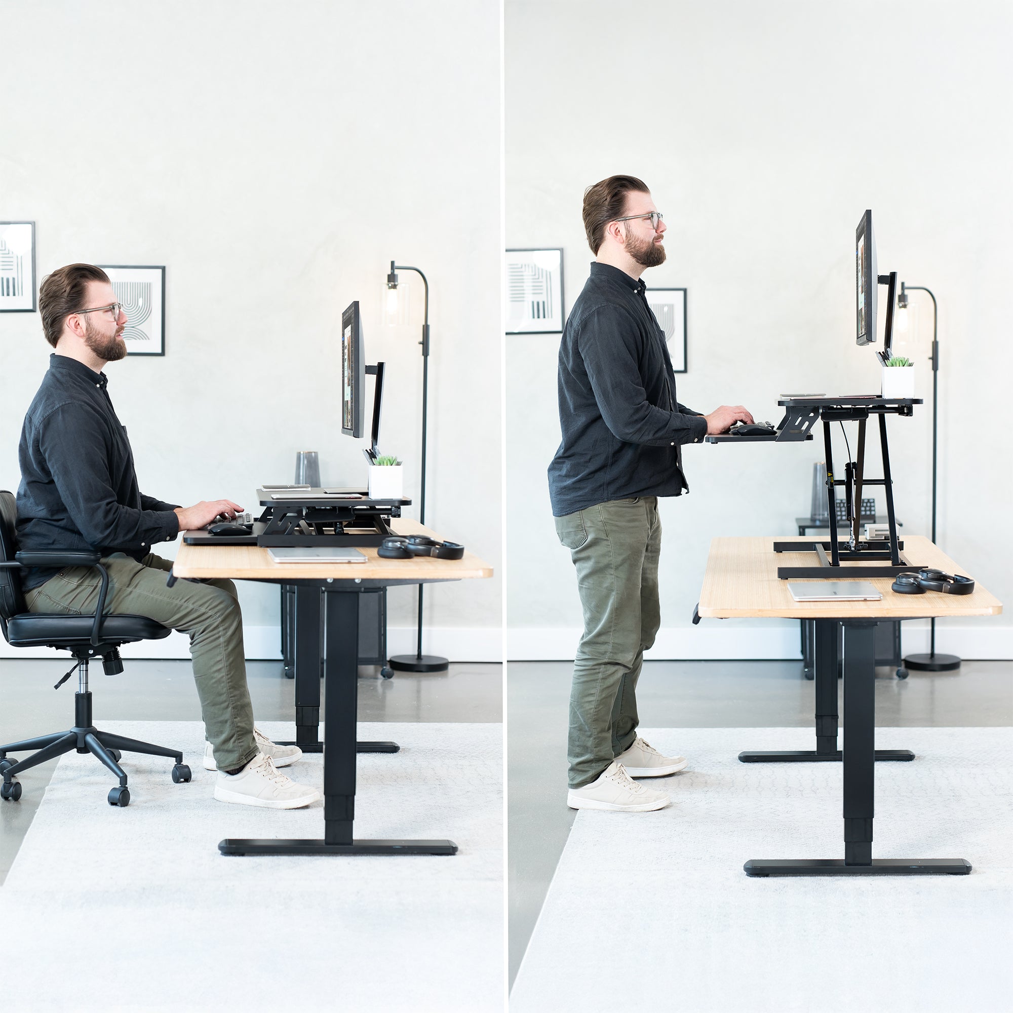 Heavy-duty height adjustable desk converter monitor riser with 2 tiers.