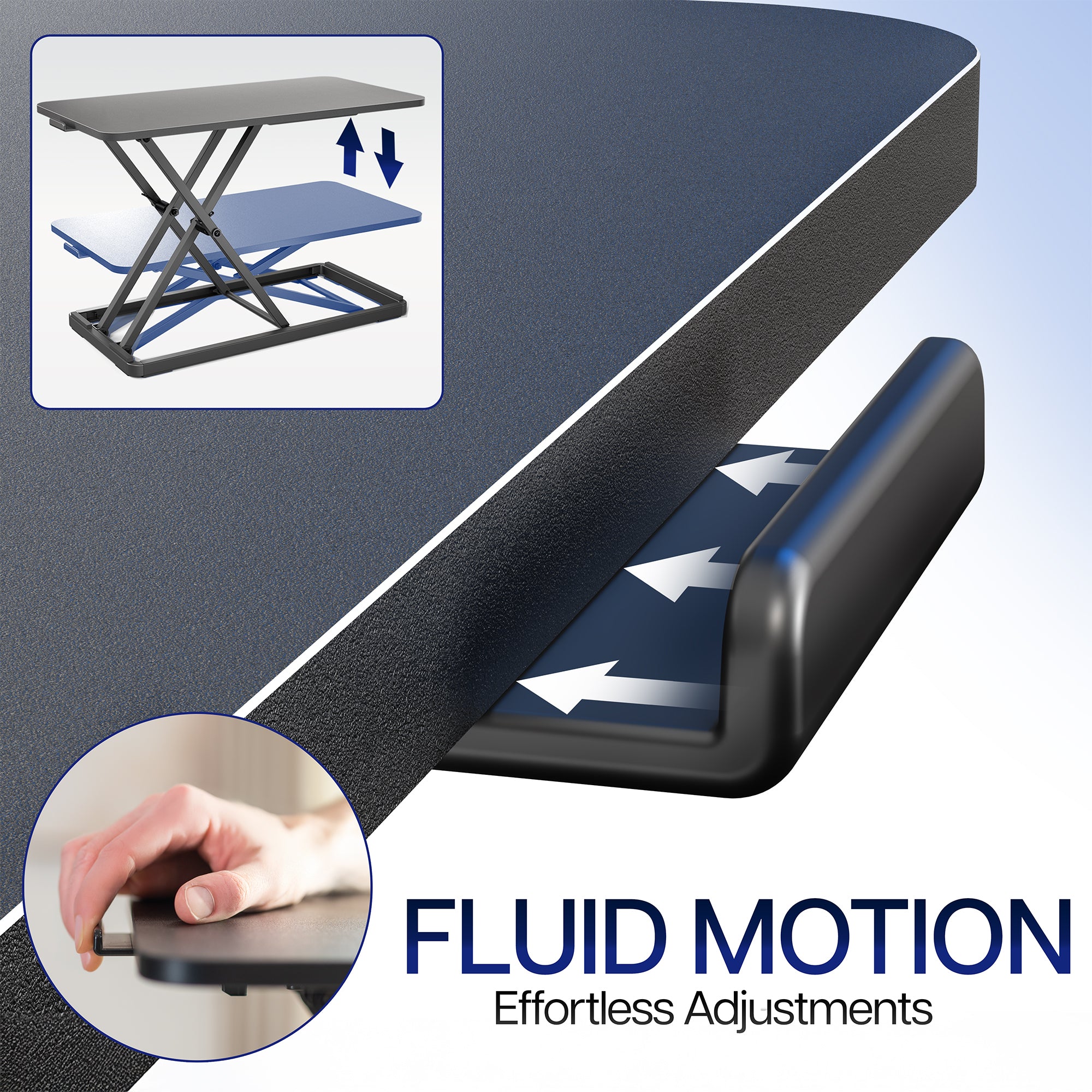 Adjustable desk stand with fluid motion feature and hand holding handle inset.