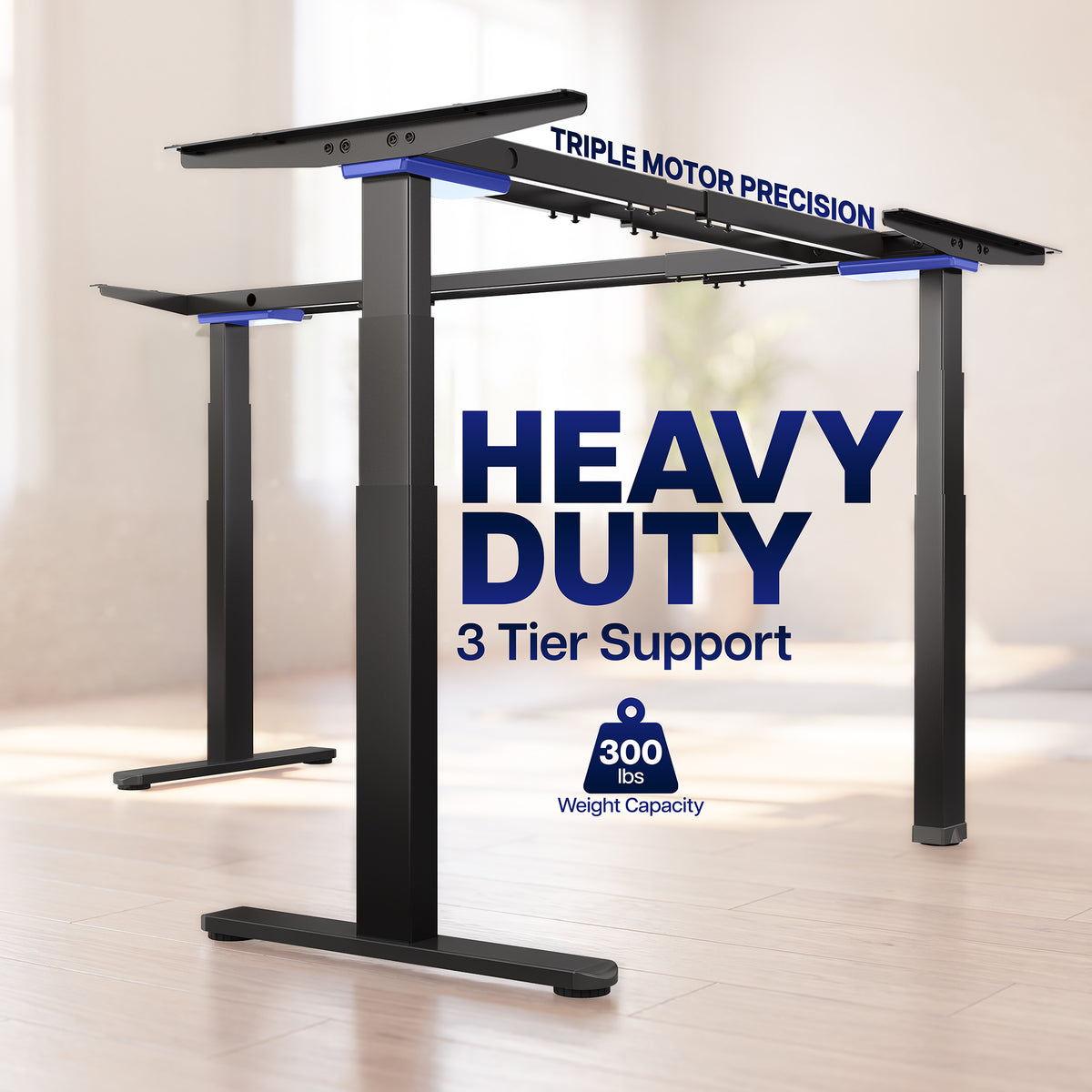 Heavy duty, 3-tier support text on an image of an l-shaped frame in a blurred scene