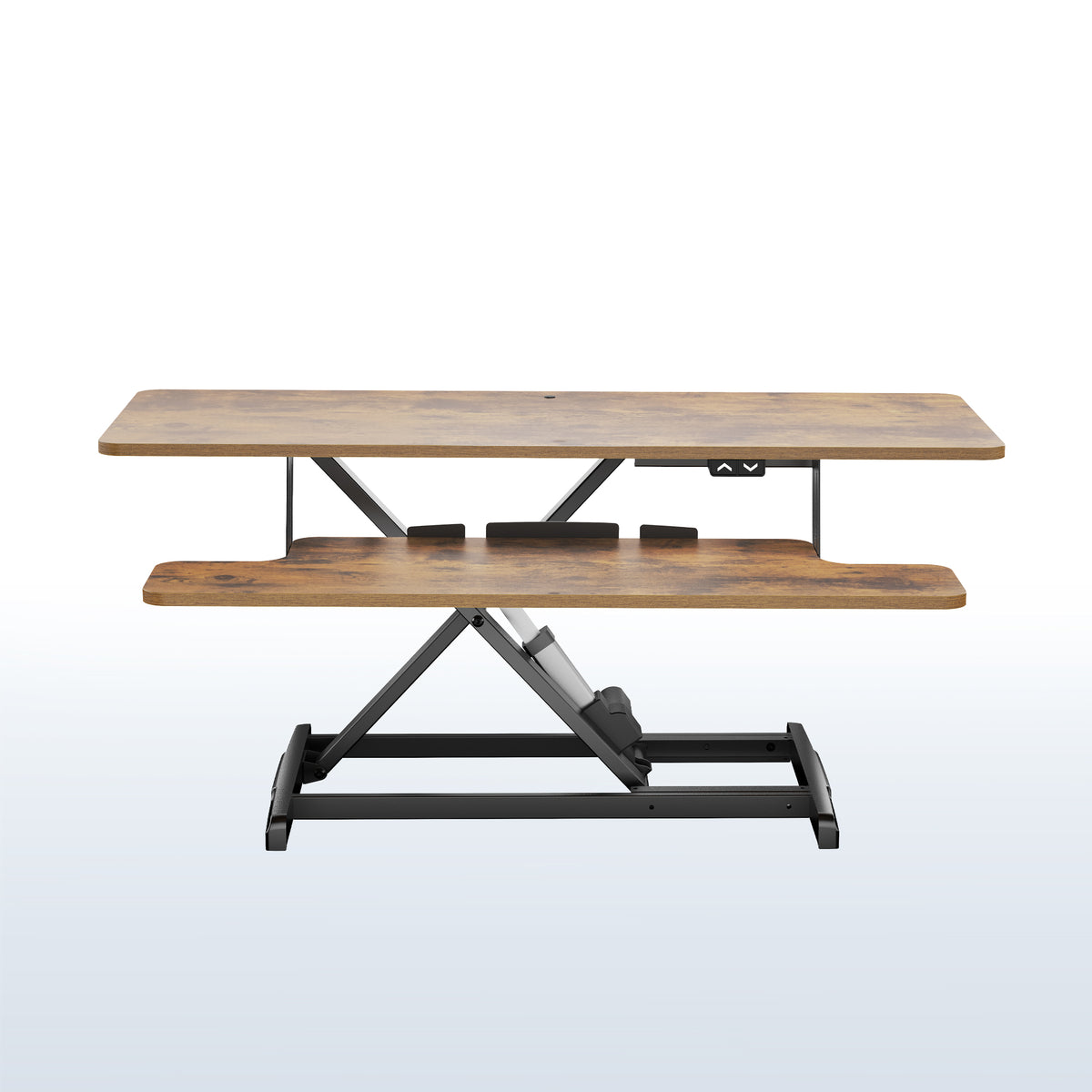 Vintage Brown Electric Motor Desk Converter, Height Adjustable Riser, Rustic Sit to Stand Dual Monitor and Laptop Workstation with Wide Keyboard Tray