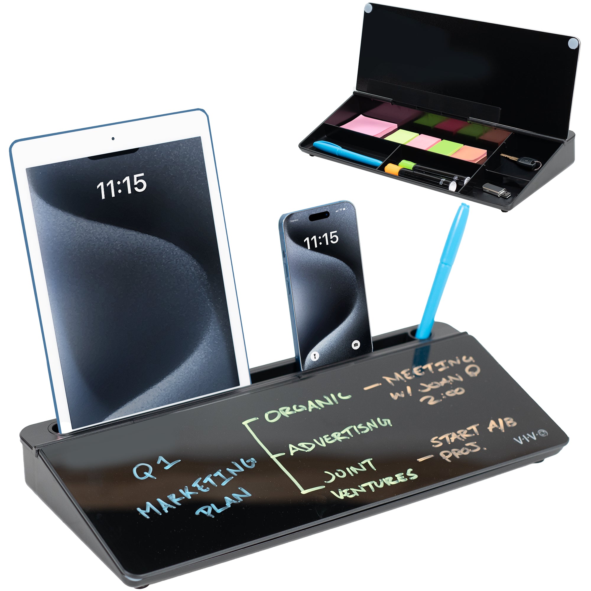 Convenient desktop whiteboard with storage drawers for organized workspace.