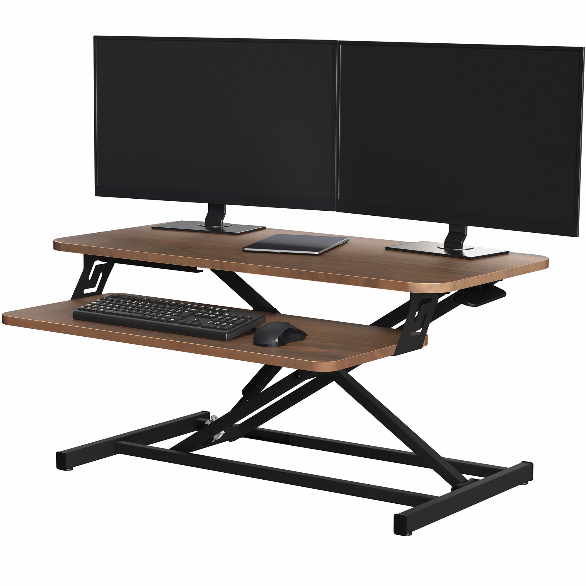 Heavy-duty height adjustable desk converter monitor riser with 2 tiers.