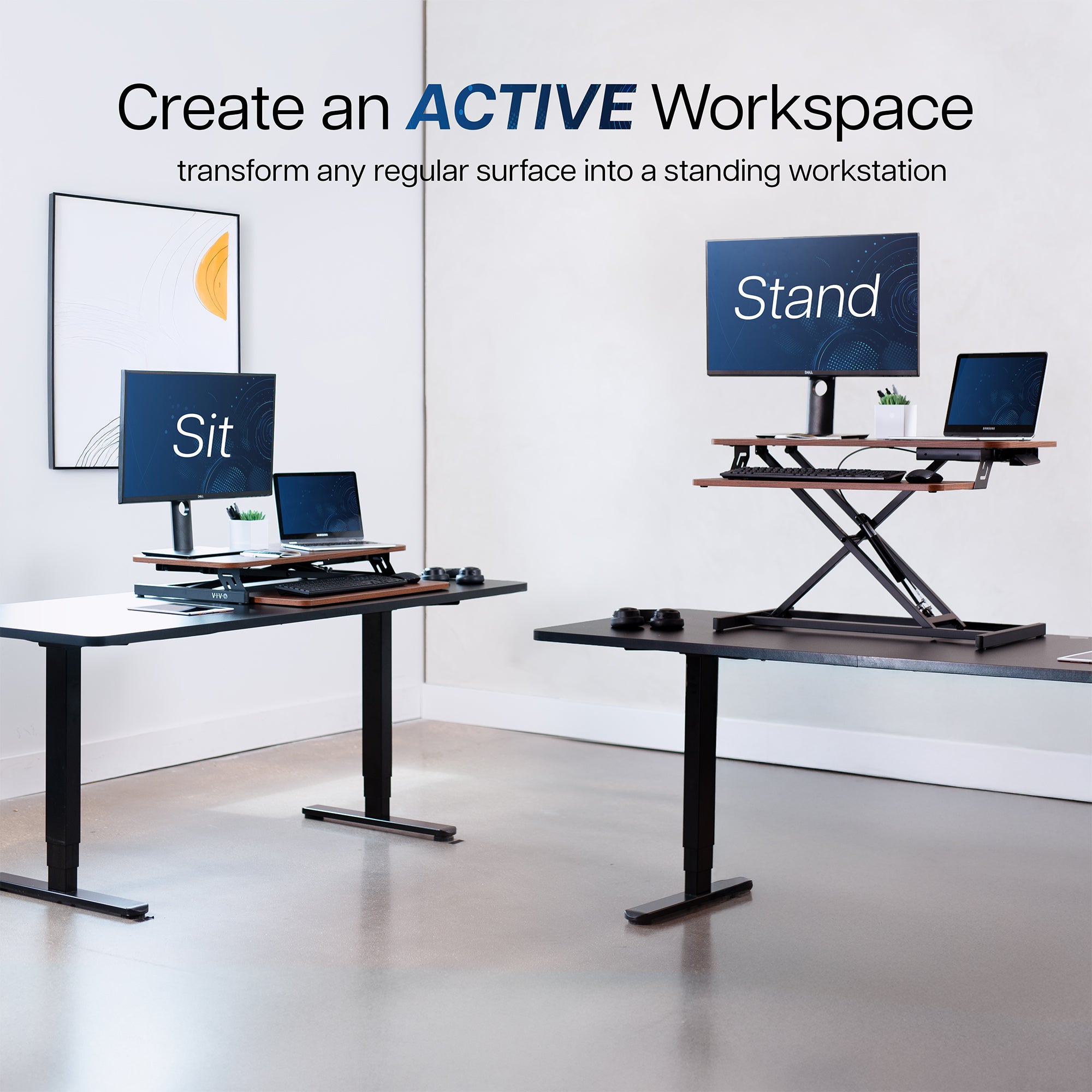 Heavy-duty height adjustable desk converter monitor riser with 2 tiers.