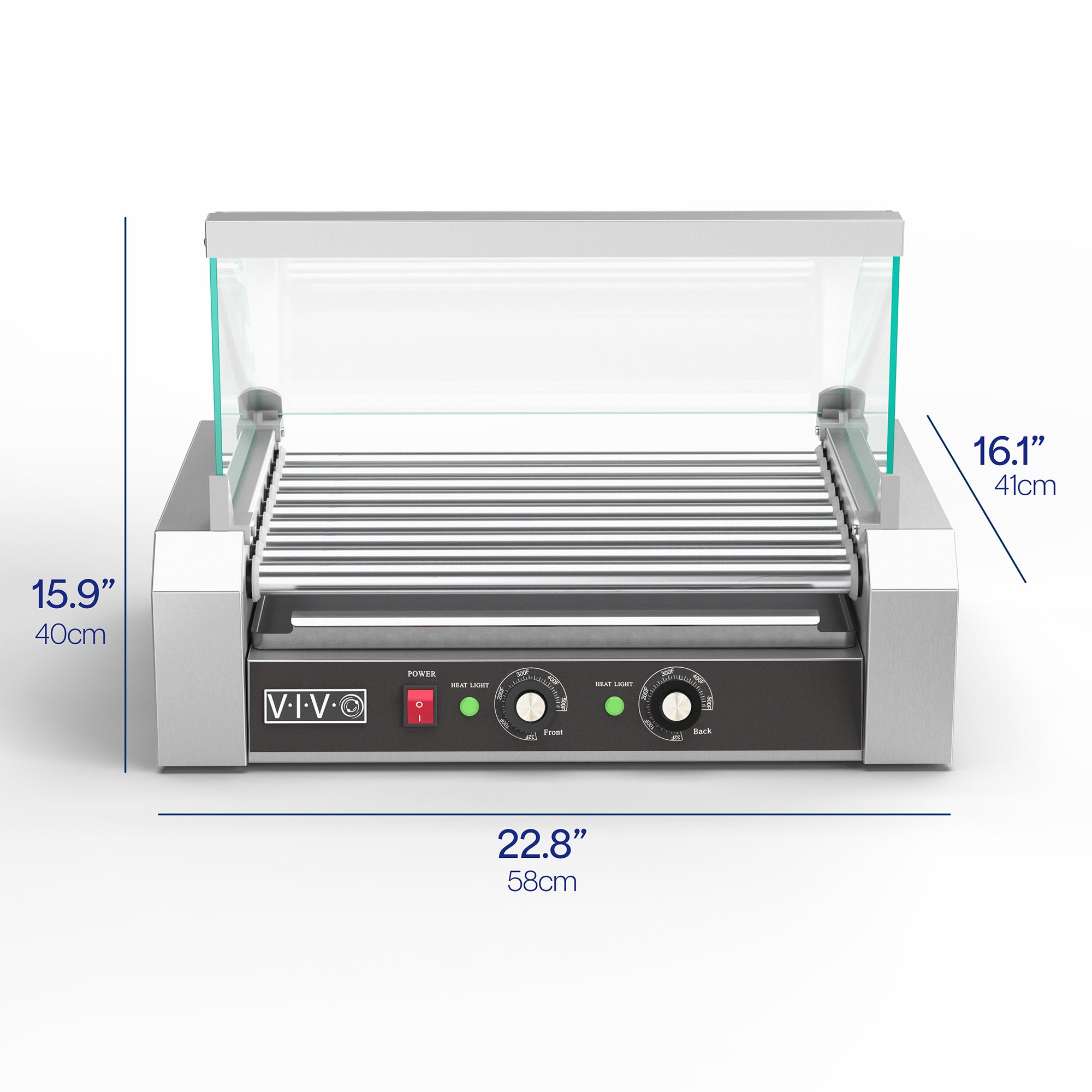 Nine-roller hotdog machine with sanitation hood.