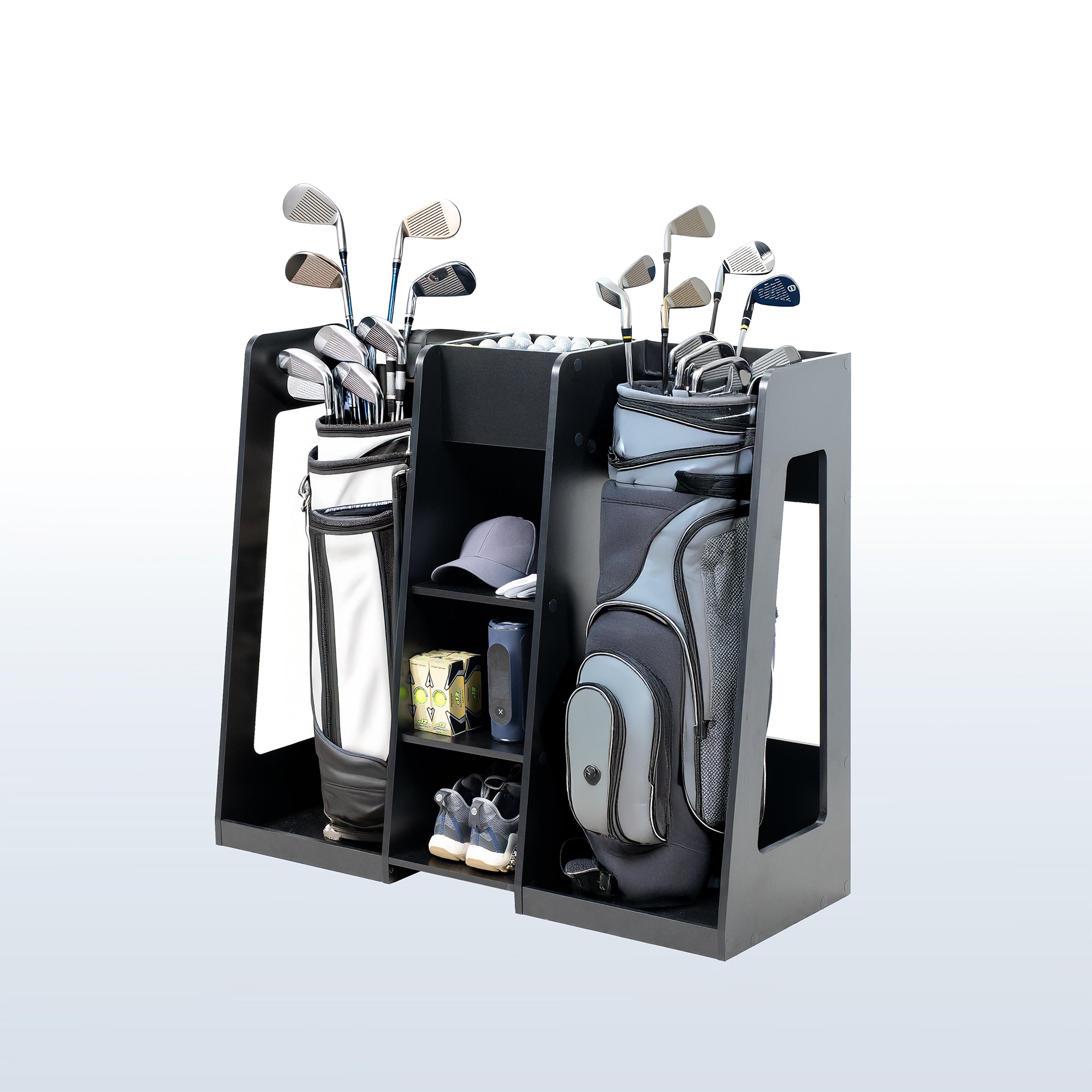 Golf club organizer with golf clubs and accessories on a white background