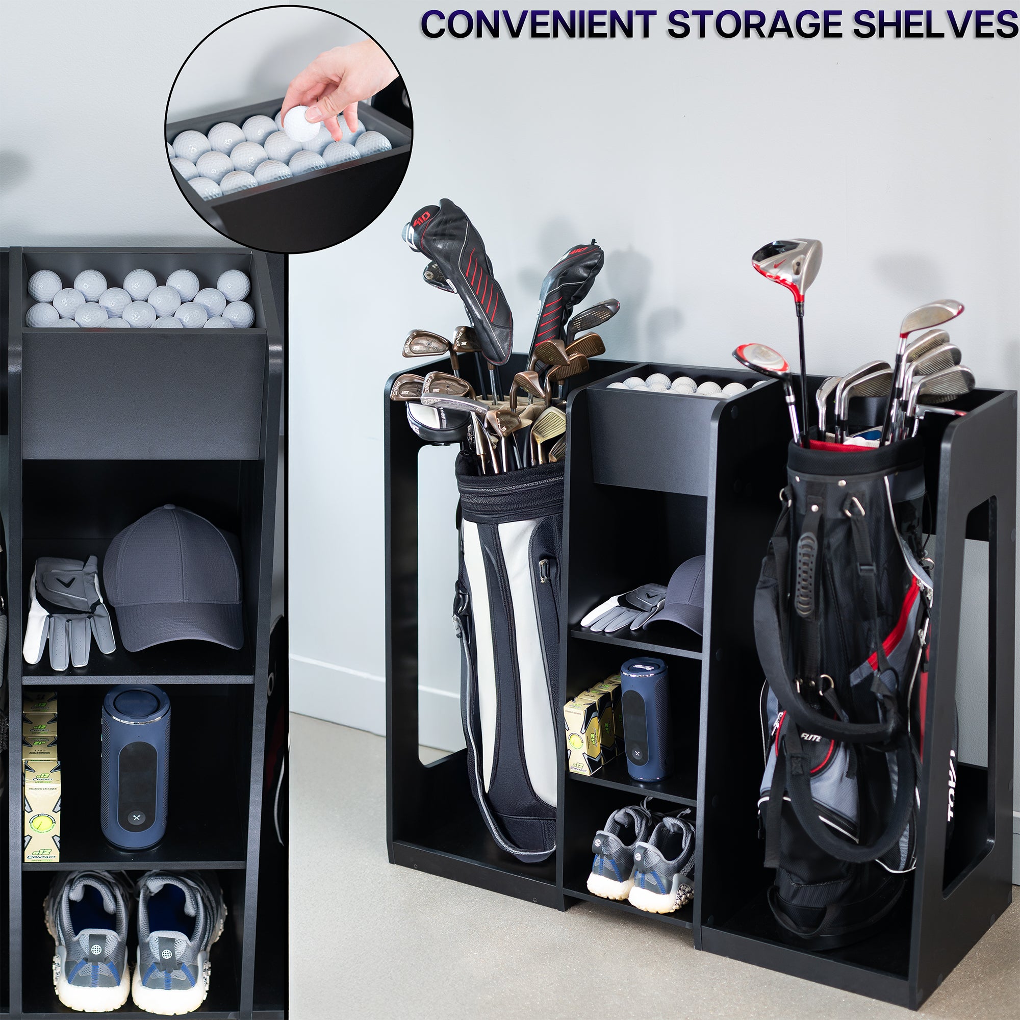 Golf storage shelves with golf clubs, balls, and accessories on a white background