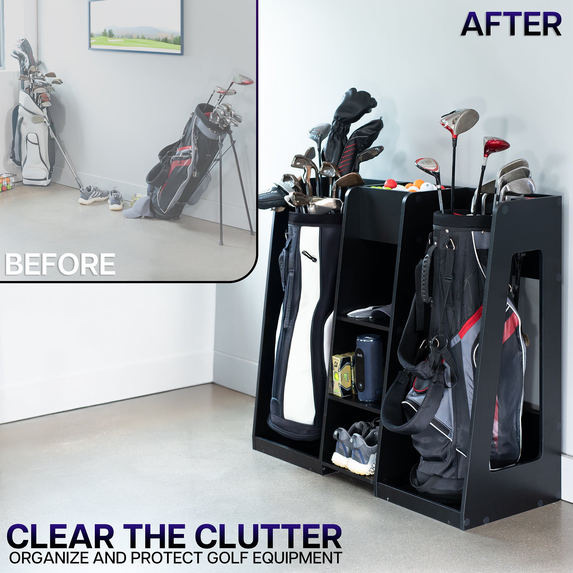 Before and after comparison of golf equipment organization with a black storage unit.