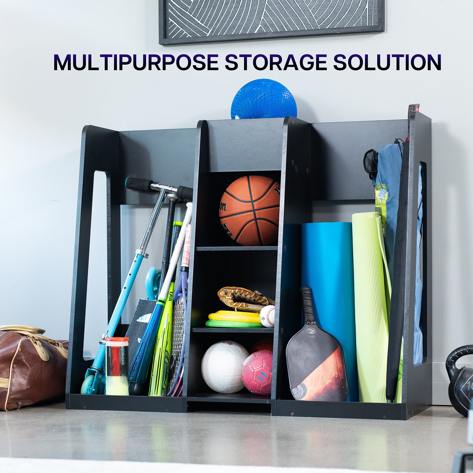 Storage solution with various items including sports balls and equipment on a white surface.