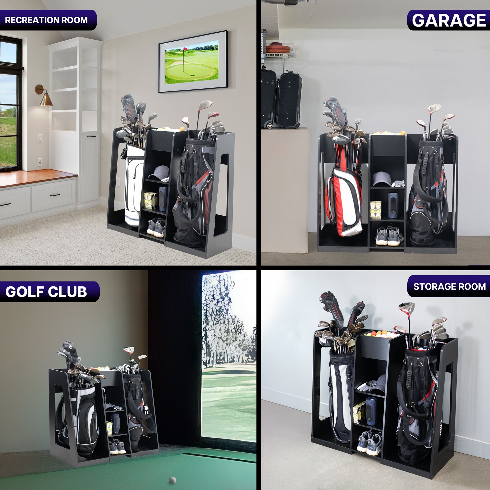 Golf club storage system displayed in different settings: recreation room, garage, golf club area, and storage room.