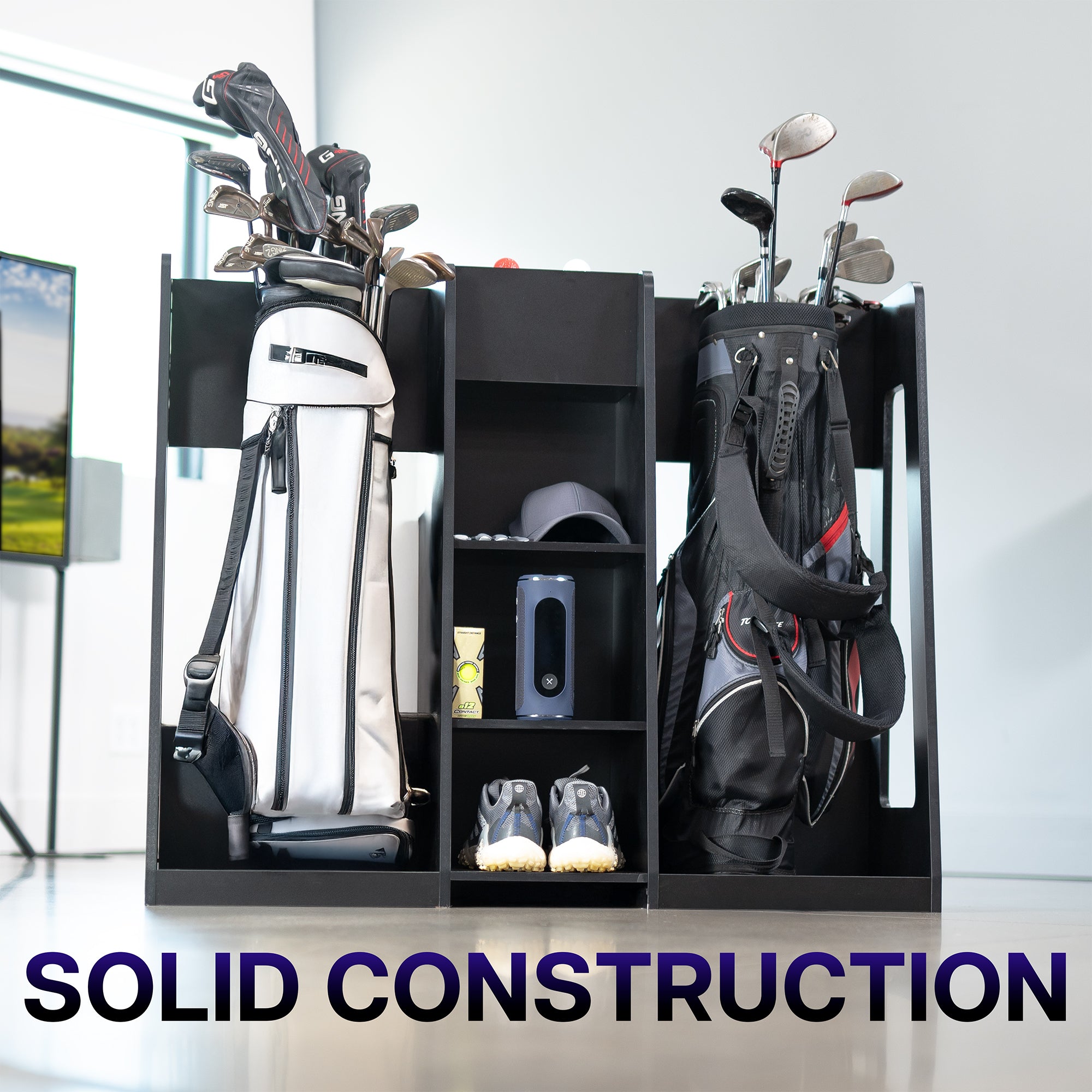 Golf club organizer with golf clubs and accessories on a white background