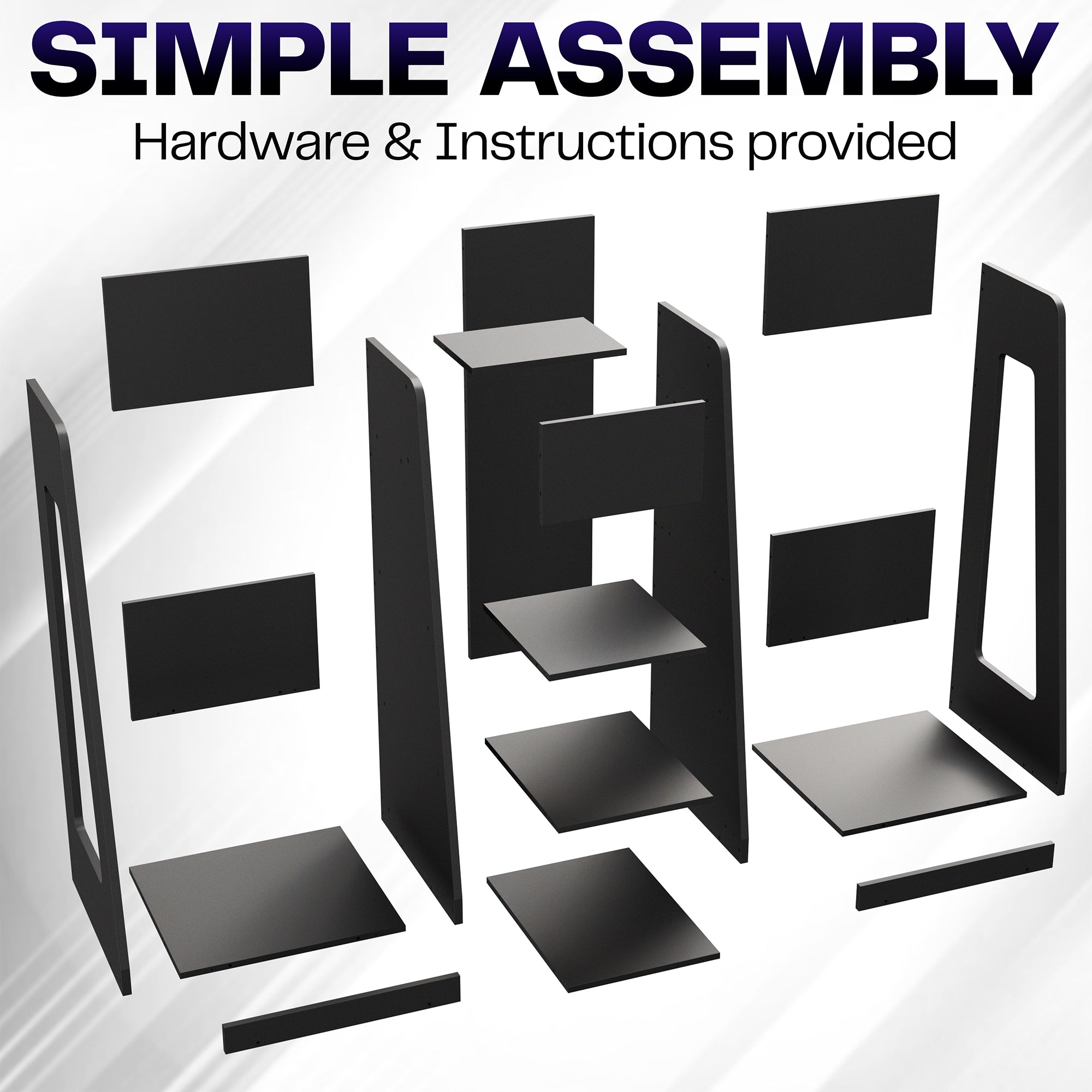 Black shelving unit components with text on a white background