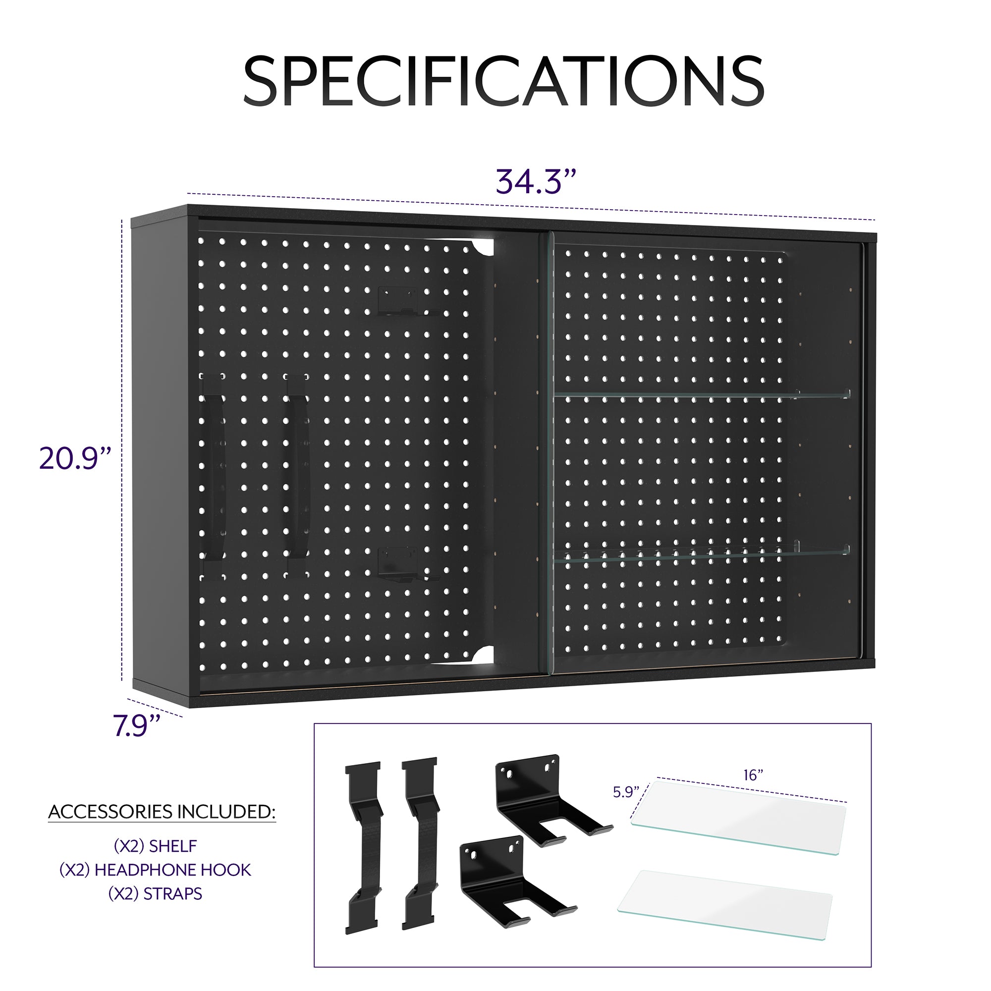 Pegboard cabinet with sliding glass doors for convenient storage and decor. Organization accessories are included and the glass shelves are height adjustable. Use as a freestanding display or wall mount to wood studs, brick, or concrete with hardware and instructions included.