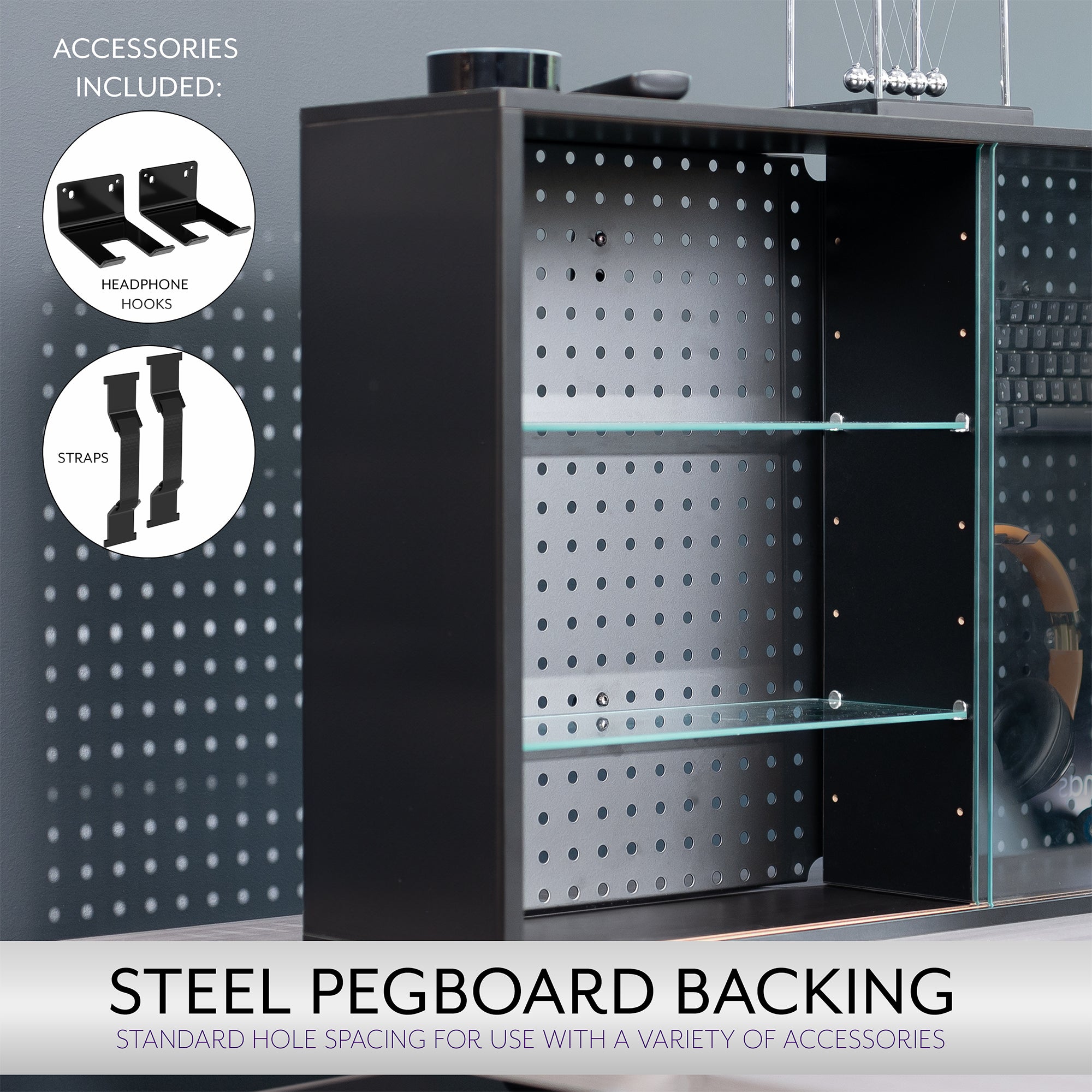 Pegboard cabinet with sliding glass doors for convenient storage and decor. Organization accessories are included and the glass shelves are height adjustable. Use as a freestanding display or wall mount to wood studs, brick, or concrete with hardware and instructions included.