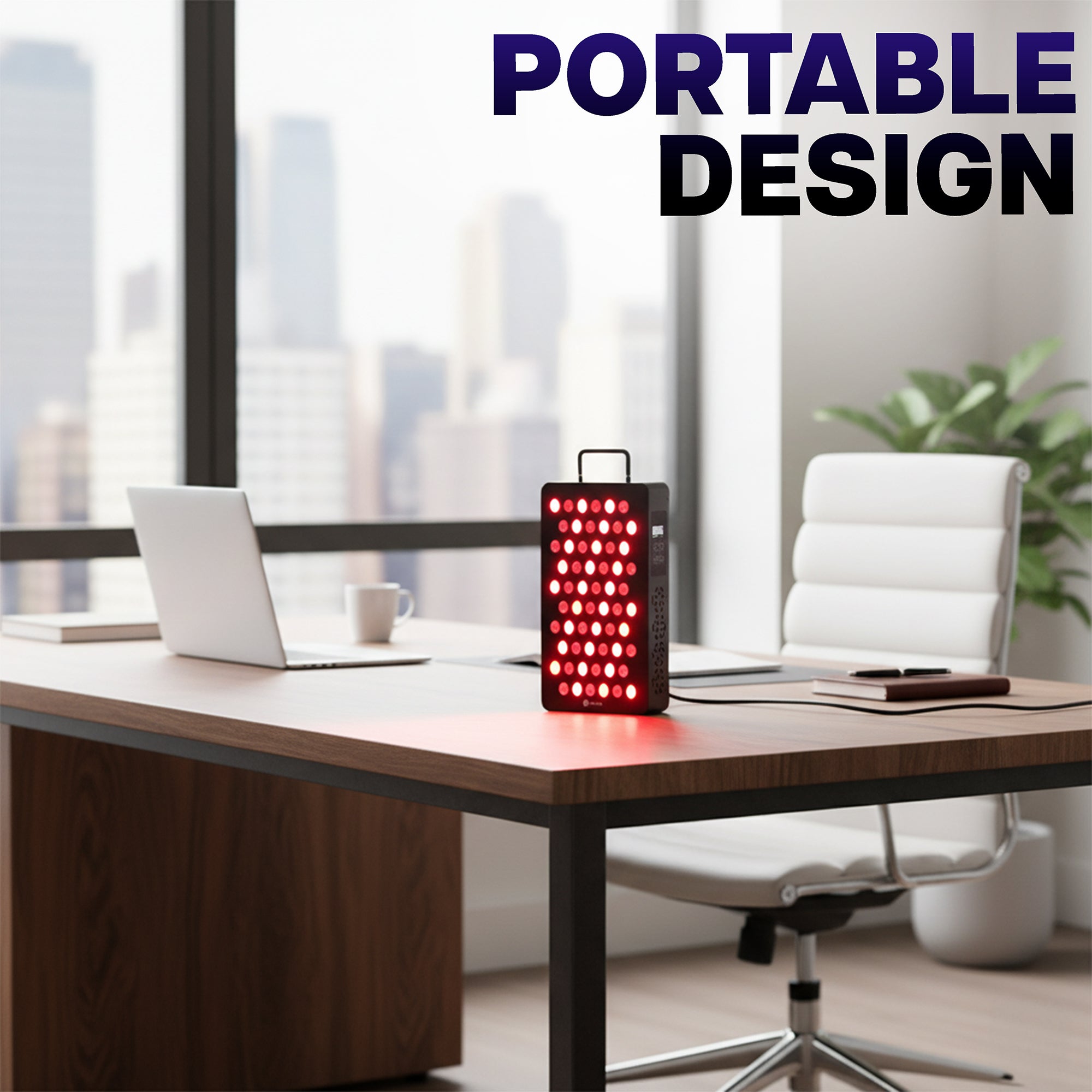 Modern office desk with a portable red light device, laptop, and chair, with 'Portable Design' text overlay.