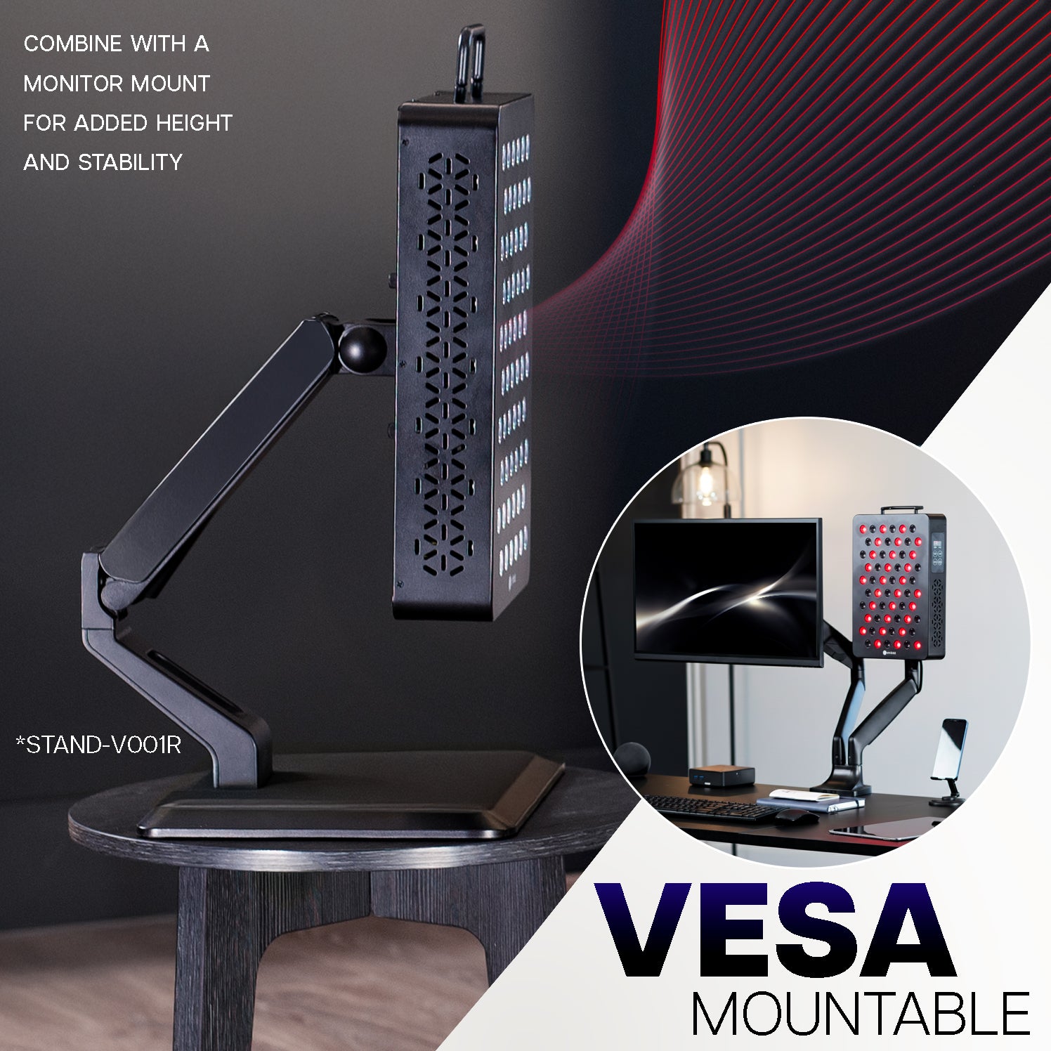 VESA mountable monitor stand with flexible arm on a desk, featuring text about height and stability.