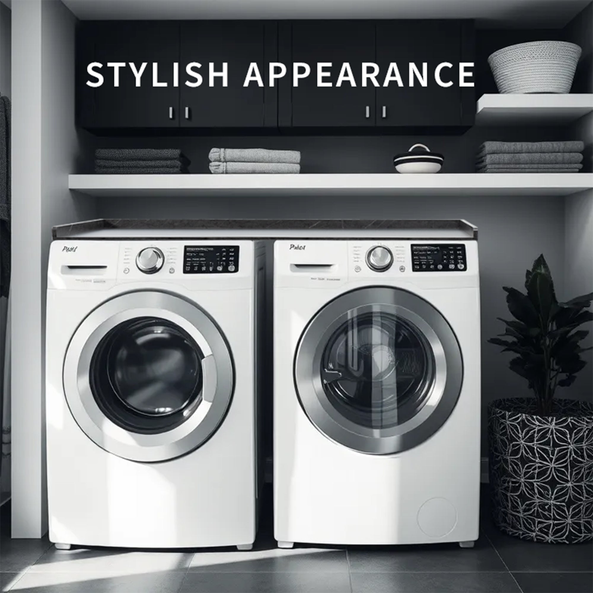 Modern black marble washer / dryer countertop with safety lip to create surface space for convenient storage and organization.