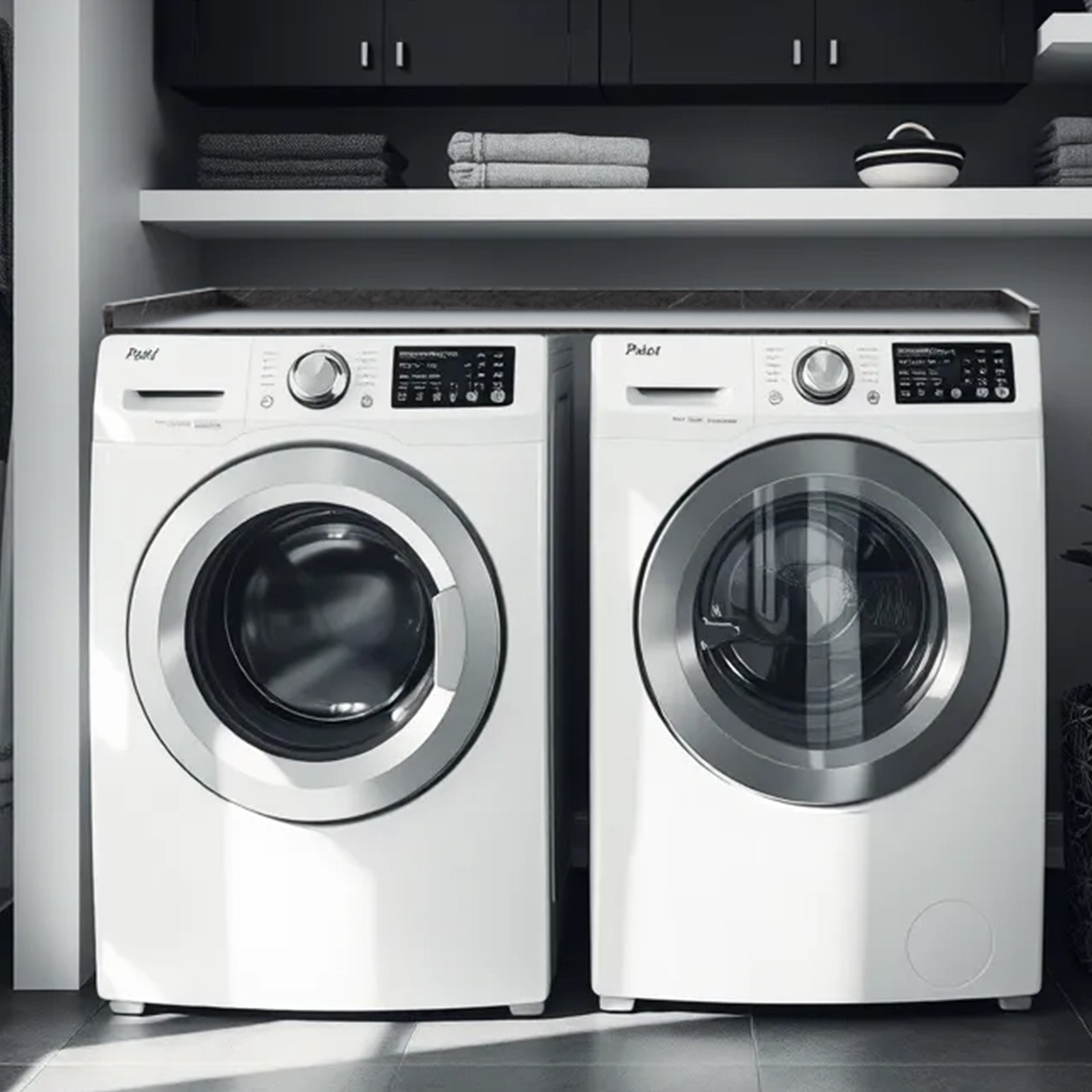 Modern black marble washer / dryer countertop with safety lip to create surface space for convenient storage and organization.