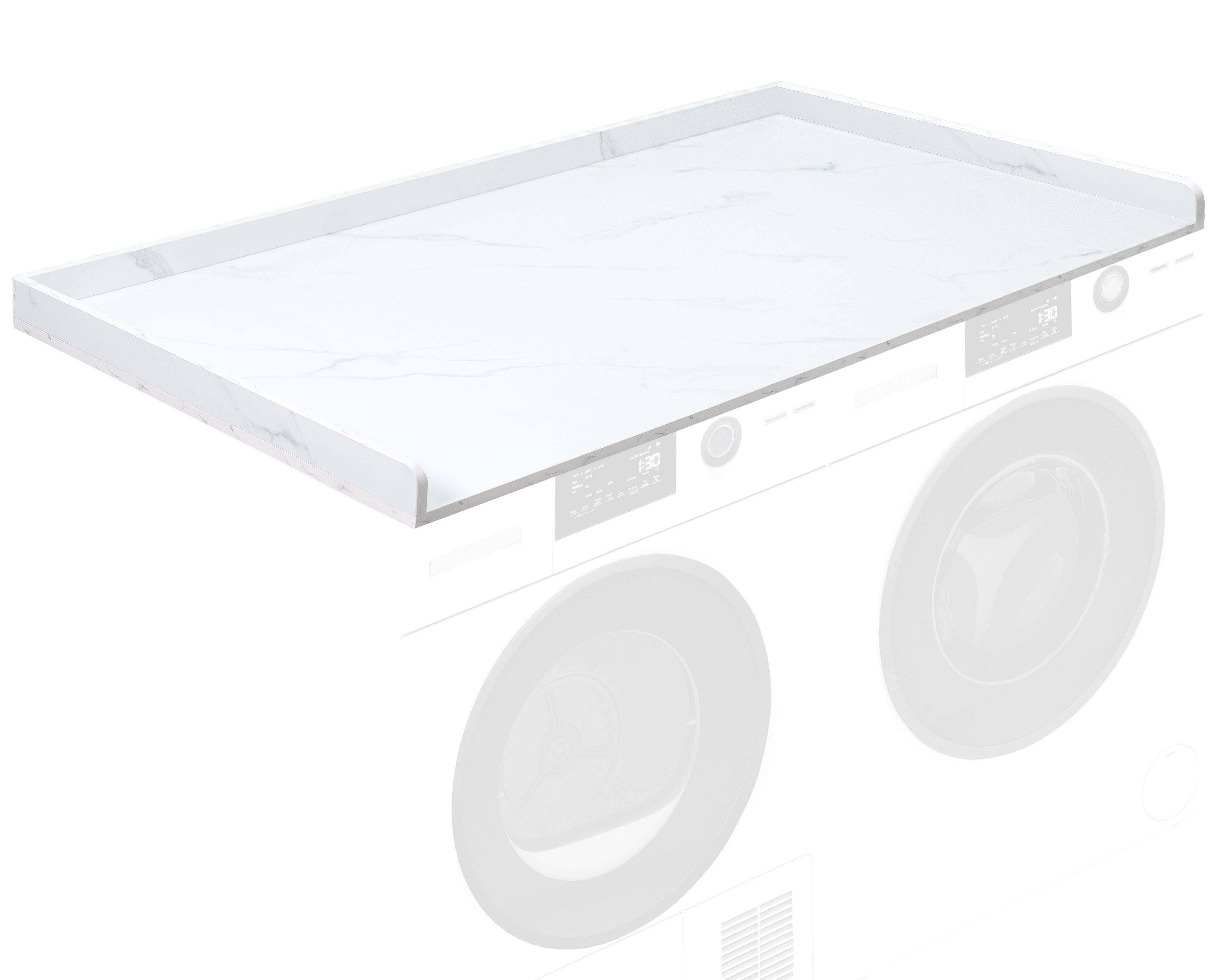 Modern marble washer / dryer countertop with safety lip to create surface space for convenient storage and organization.