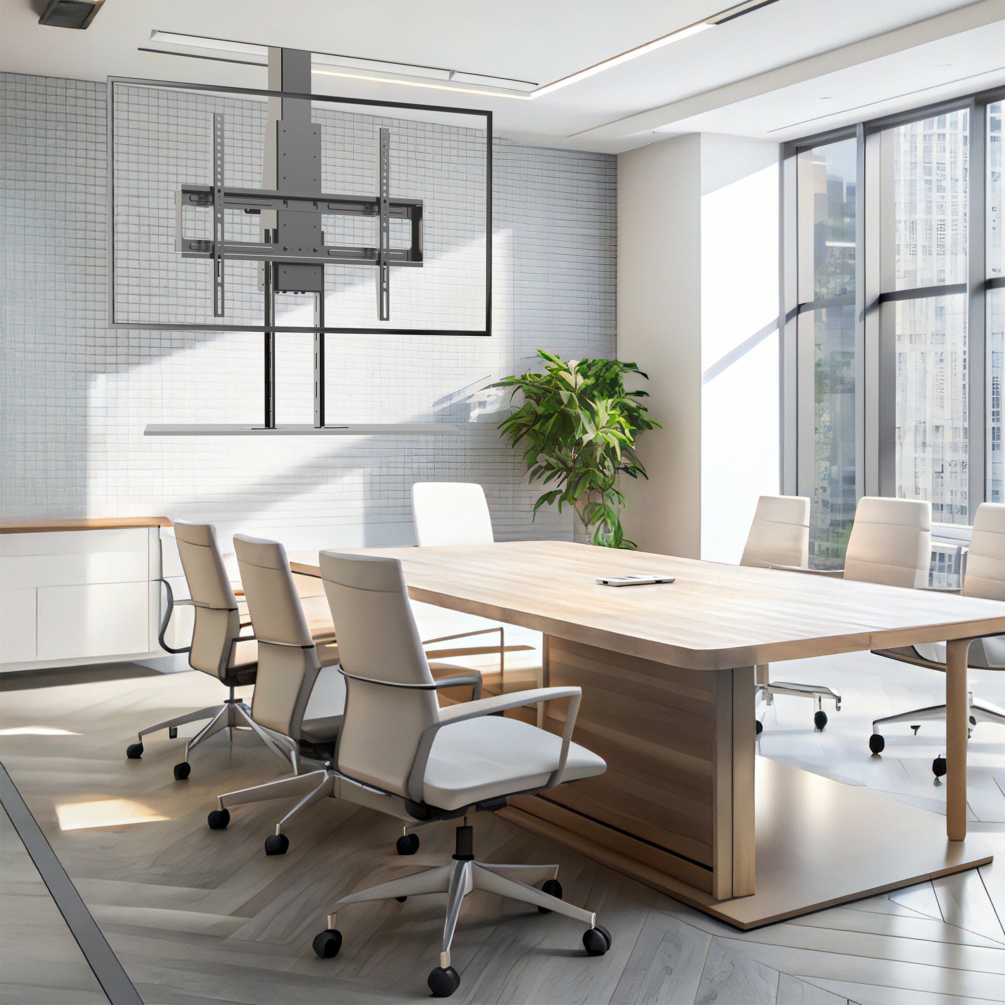 Modern office conference room with a large table and chairs with drop down ceiling tv mount.