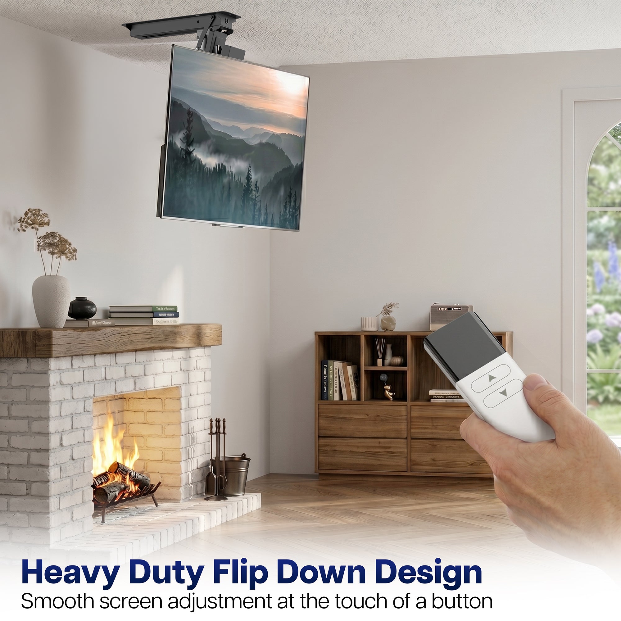 Electric Motorized Flip Down Pitched Roof Ceiling TV Mount with remote control.