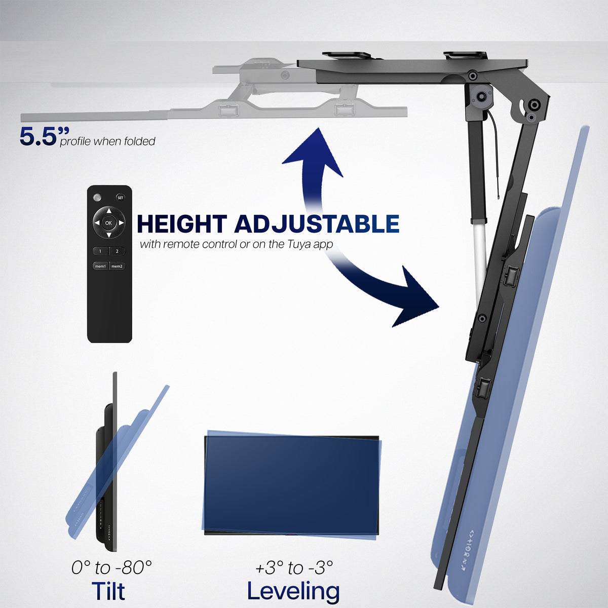 An adjustable ceiling TV mount shown on a light gray background with text and arrows explaining height adjustment, tilt, and leveling. The product includes a black arm structure, a blue mounting bracket, a remote control, and a monitor screen inset.