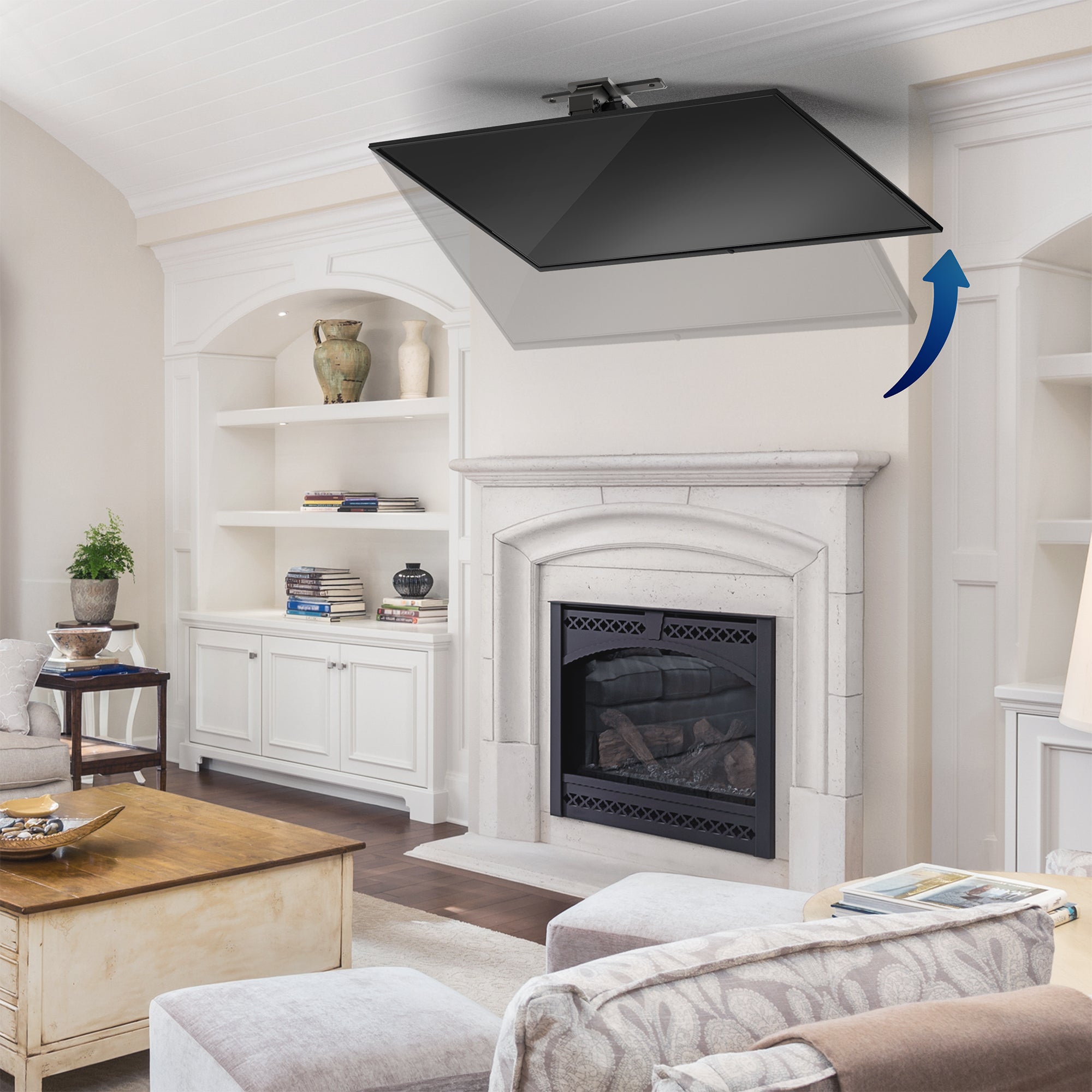 TV mounted to ceiling in modern living room above fireplace