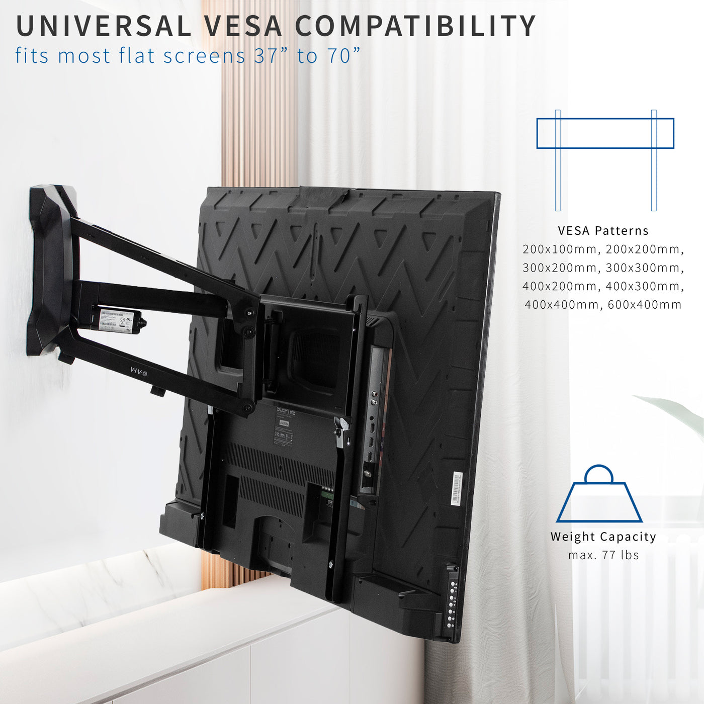 Sturdy mount securely supporting medium to large TVs with universal VESA compatibility.