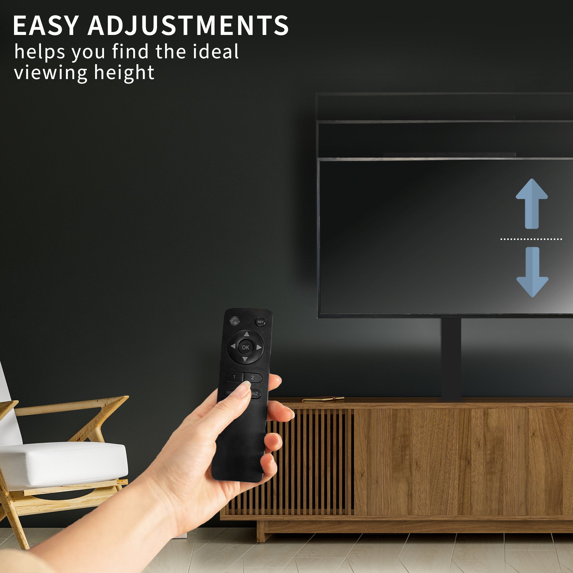 Hand holding a remote control with TV in the background, emphasizing easy adjustments for optimal viewing height.