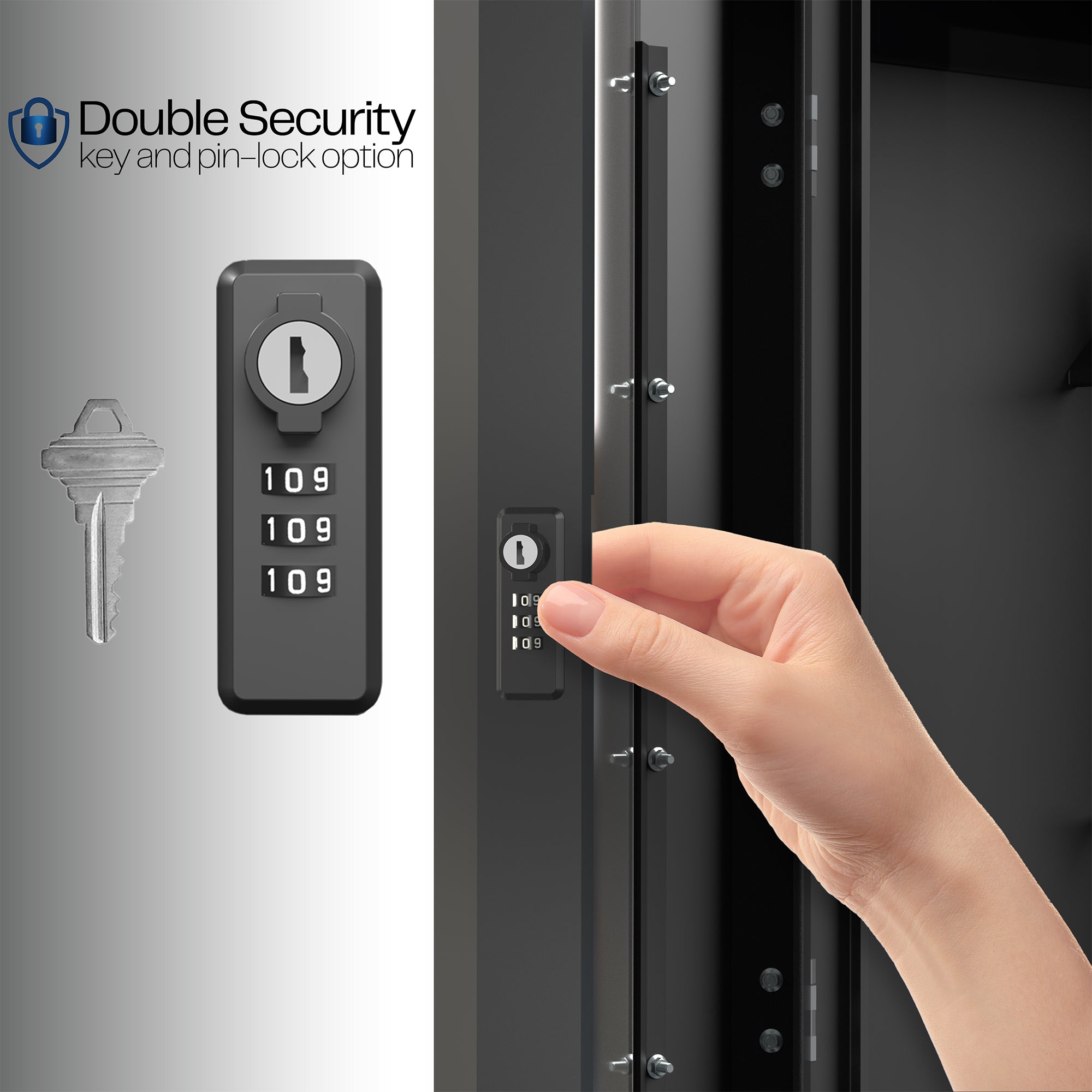 A black EV charger box with a glass door and a lock, accompanied by a key and a remote control.