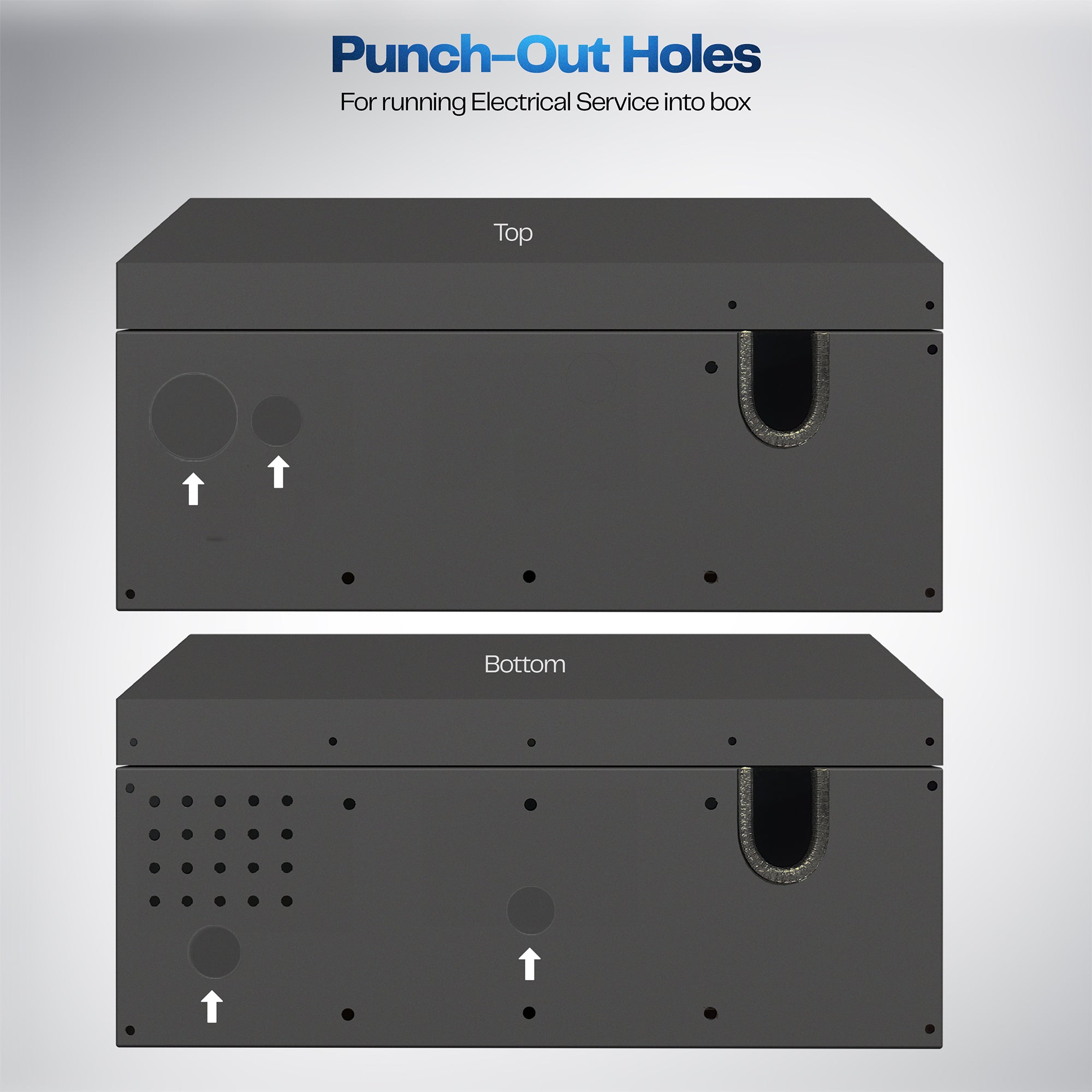 A black EV charger box with a glass door and a lock with holes for wire service into the box.