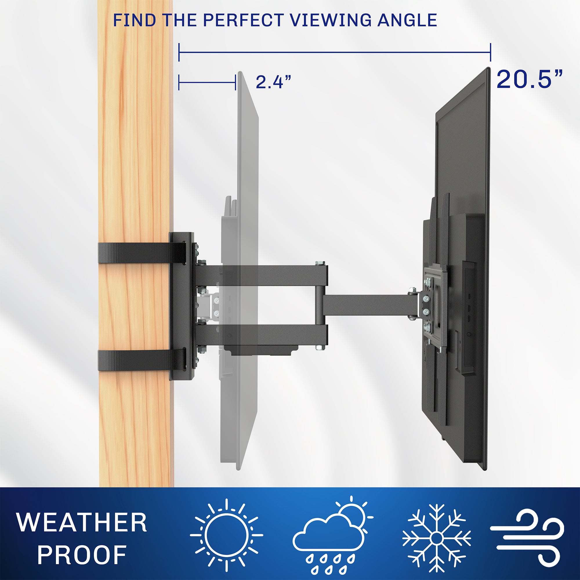 TV mount on wooden post showing the best viewing angle.