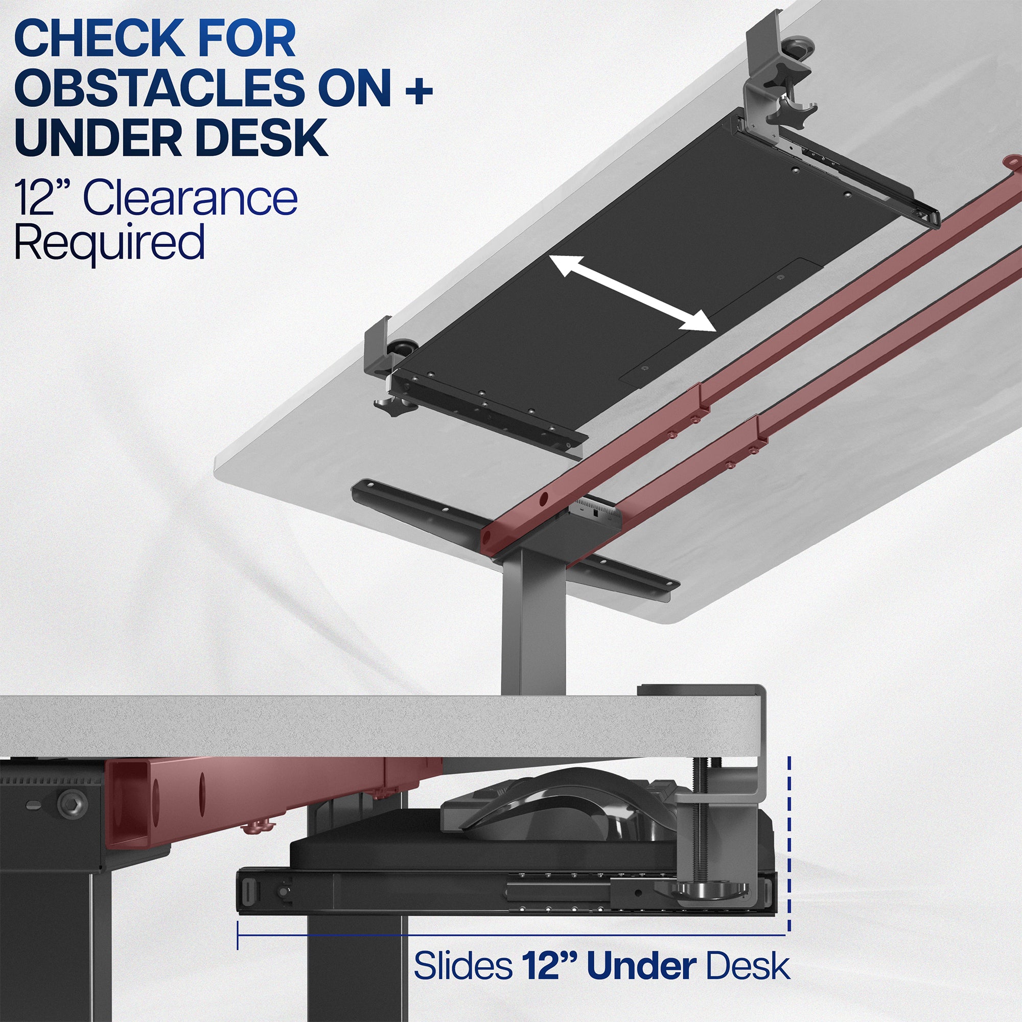 Under desk solid steel sliding keyboard tray.