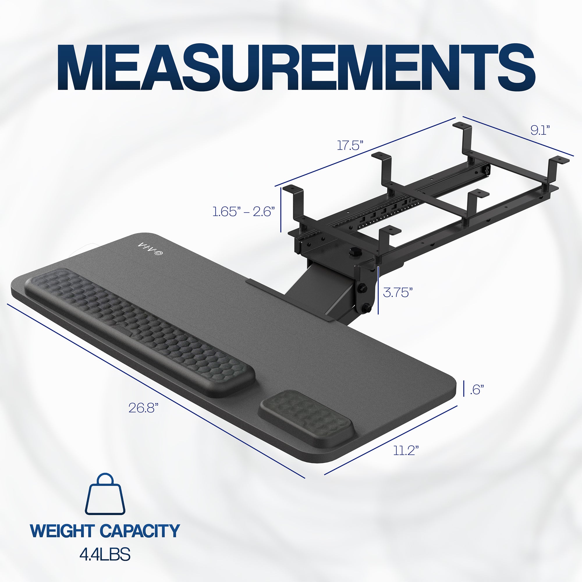 Measurements of an under desk keyboard tray on a white background.