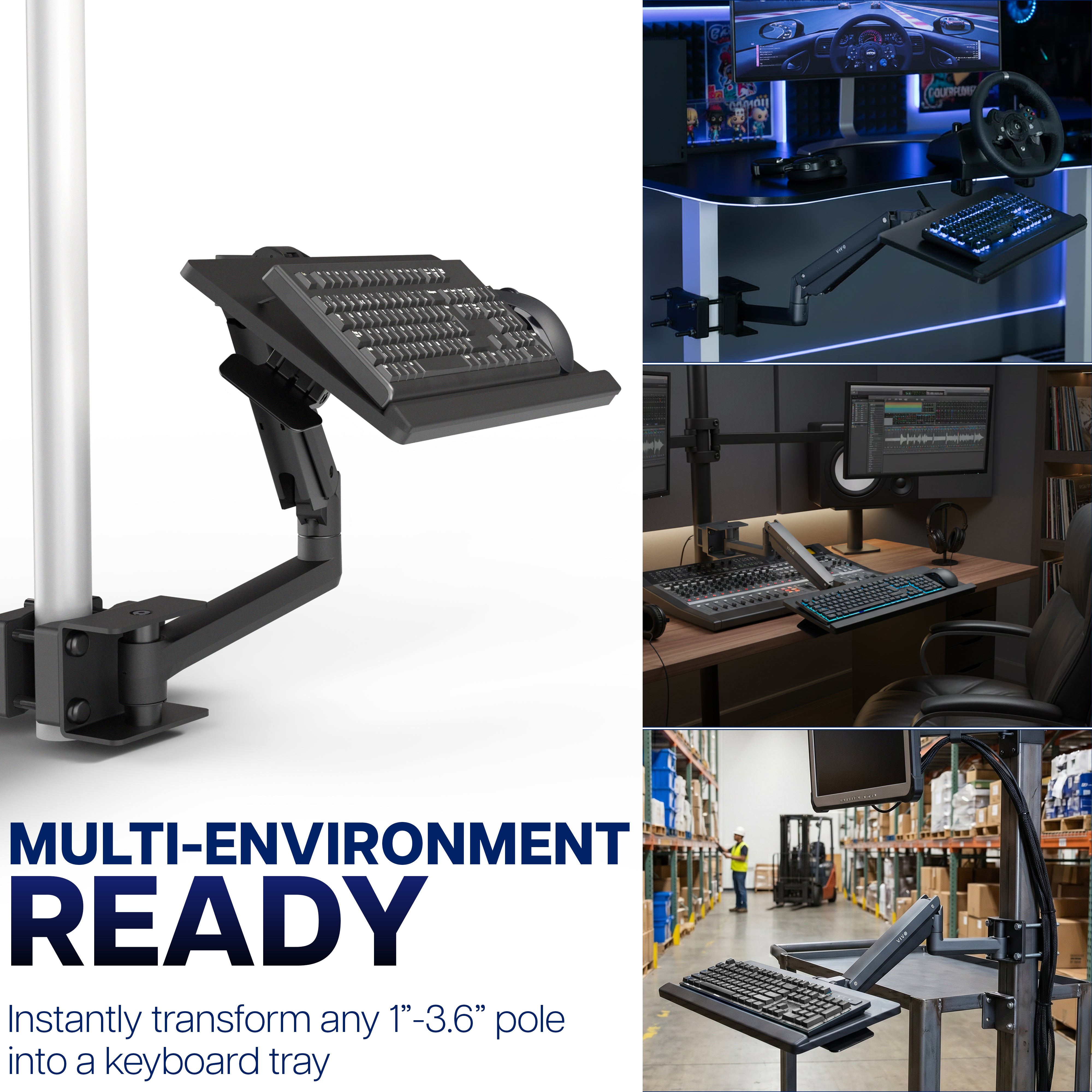 Pneumatic Pole Mounted Keyboard Tray Multi-Environment Ready