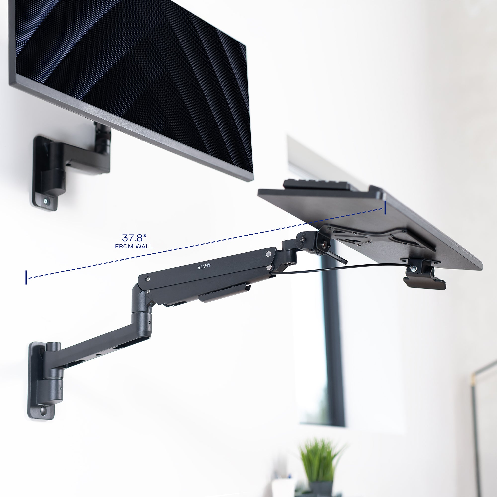 Wall-mounted monitor and keyboard tray holder with adjustable arm on a white background