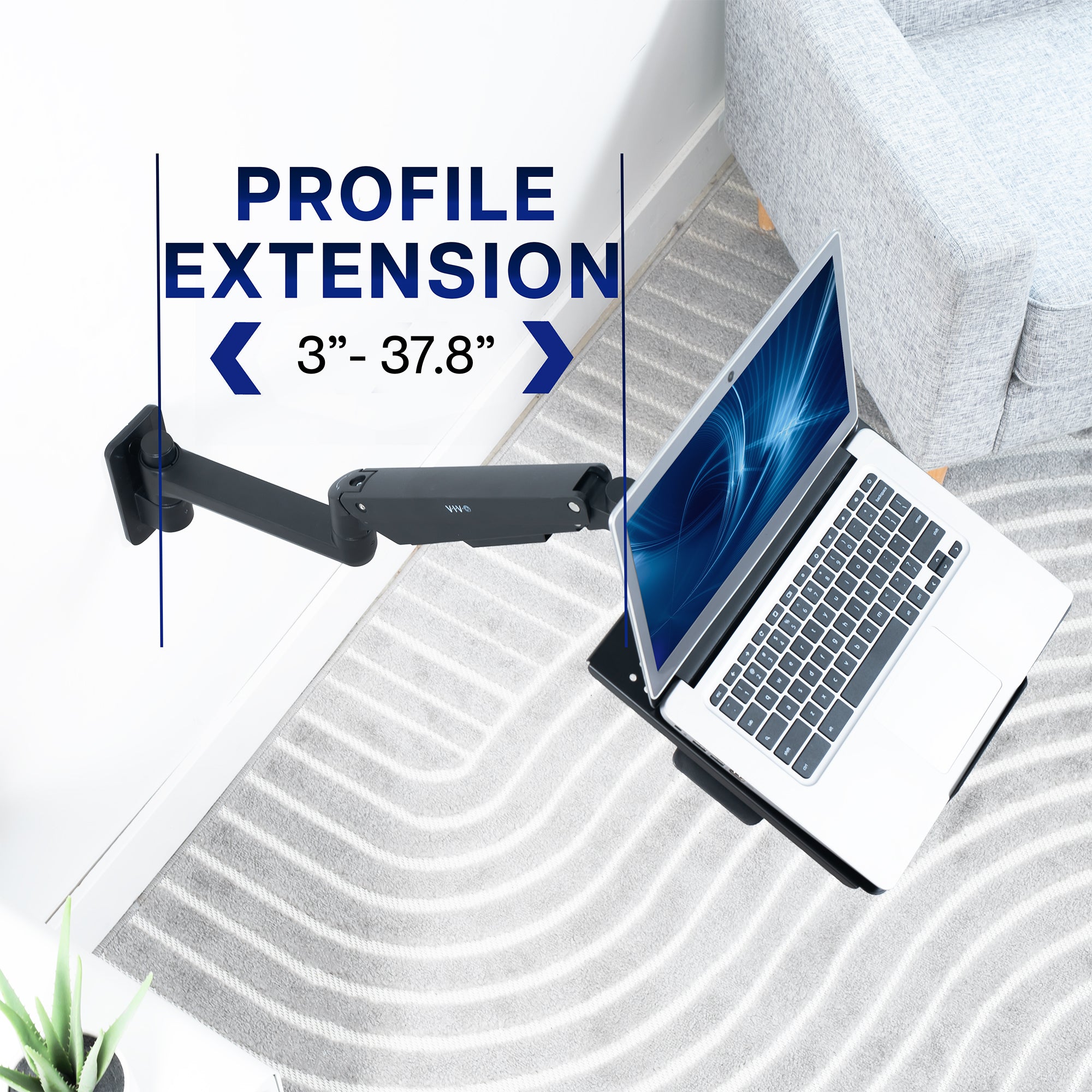 Pneumatic Wall Mounted Laptop Tray that extends from wall.