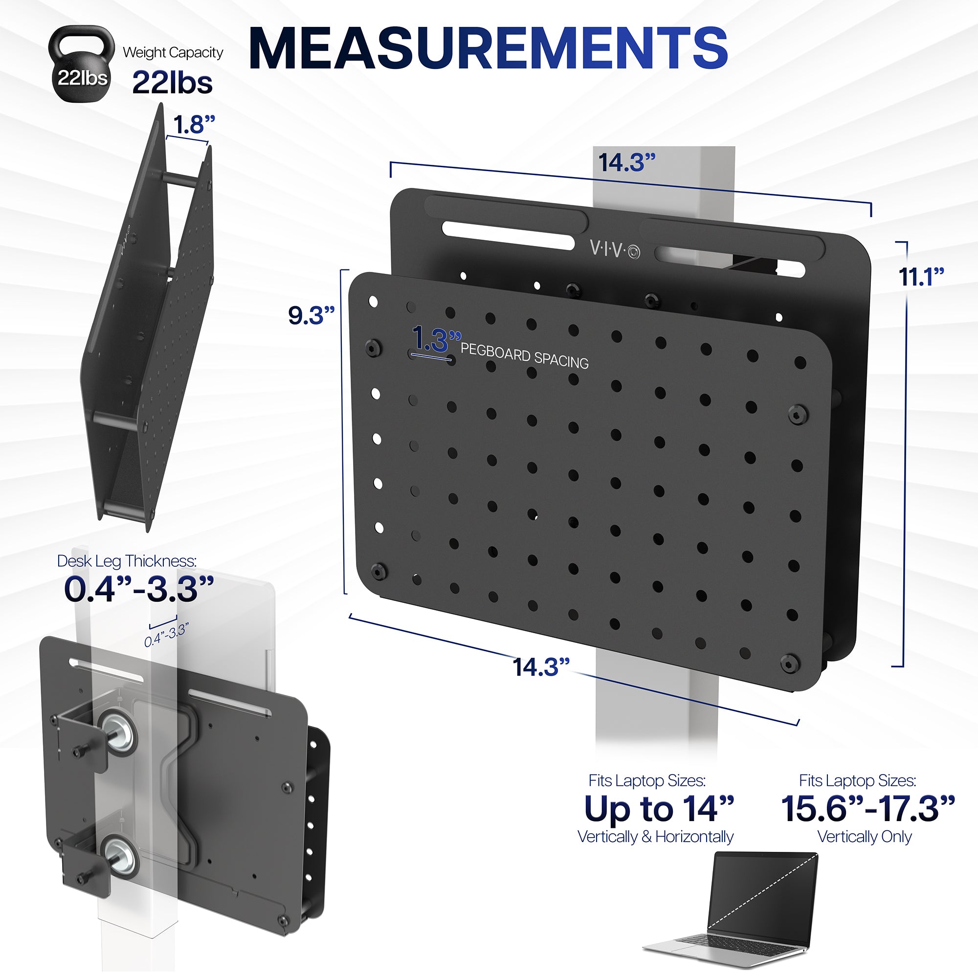 Steel Clamp-on Desk Leg Laptop Mount Holder with specifications on a white background