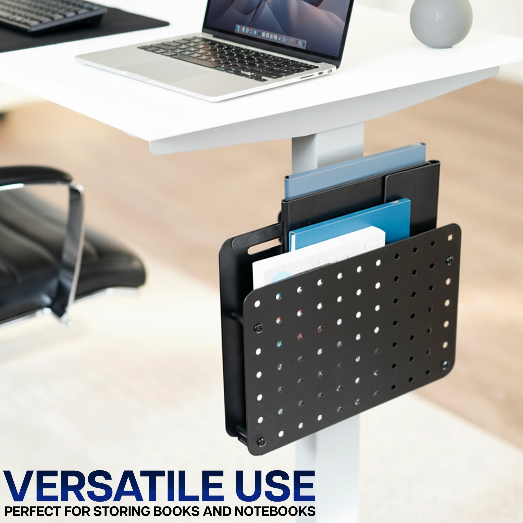 Steel Clamp-on Desk Leg Laptop Mount Holder attached to a white desk with a laptop and chair in the background.