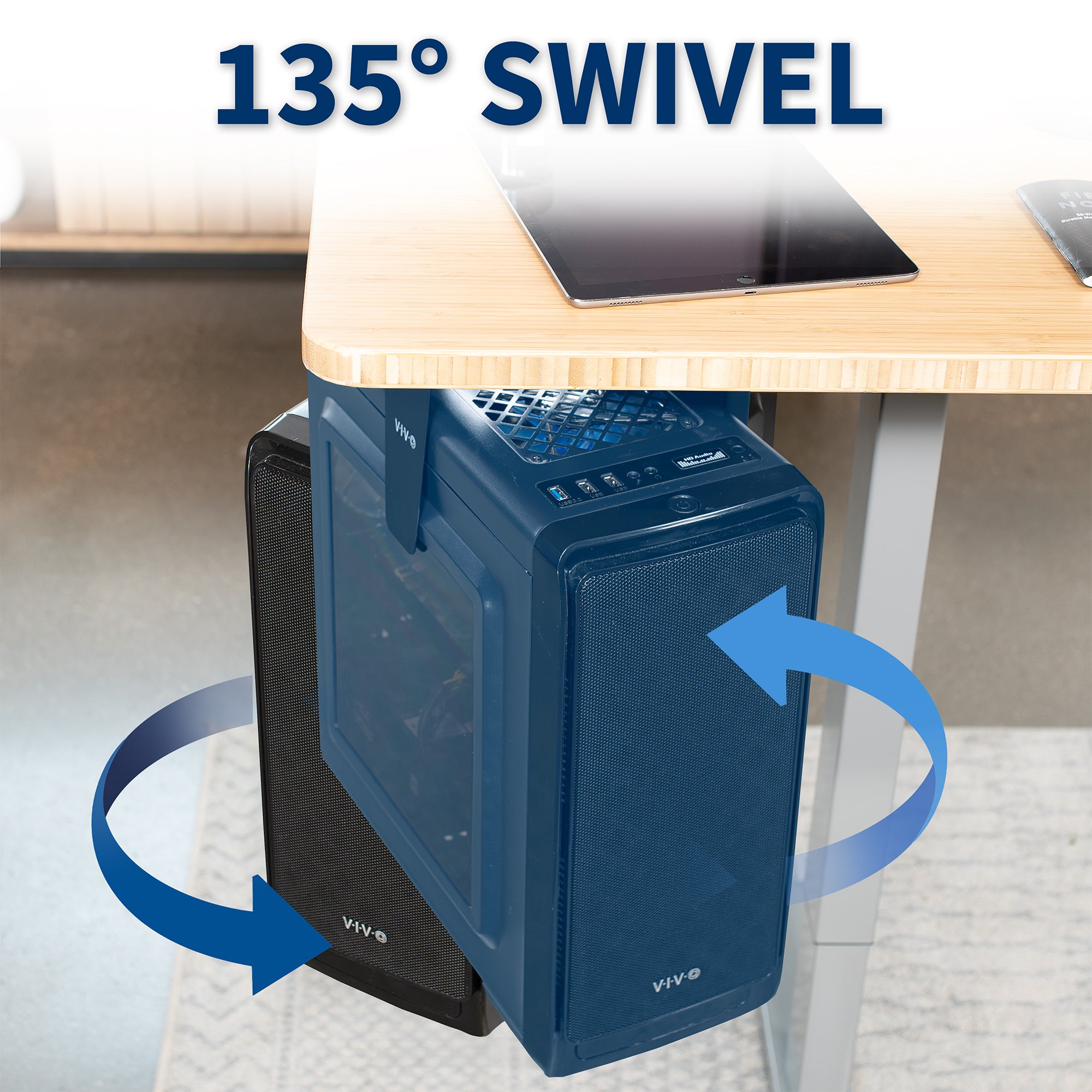 Blue computer tower with a swivel feature on a desk, labeled '135° Swivel'.