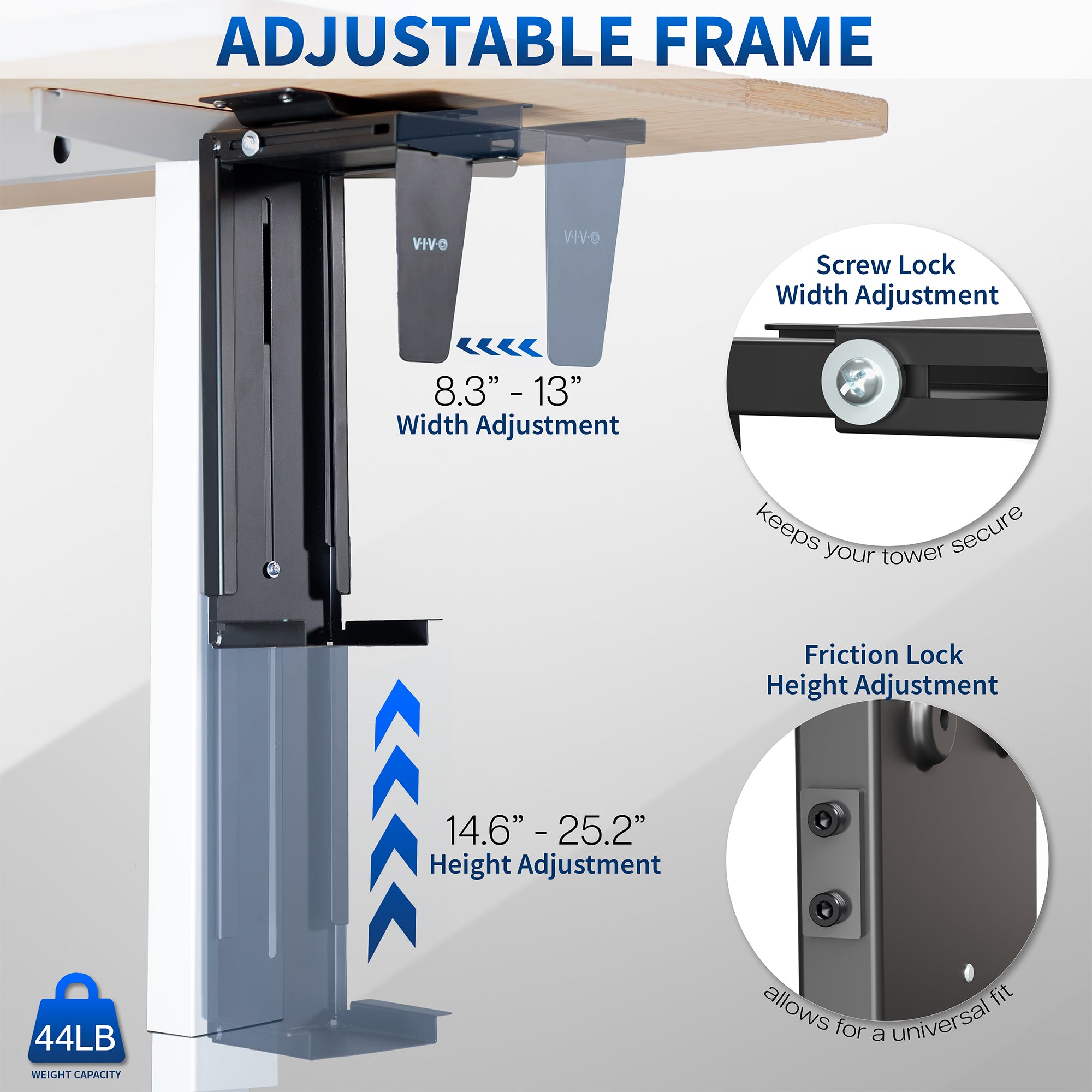 Adjustable frame with height and width adjustment features on a white background
