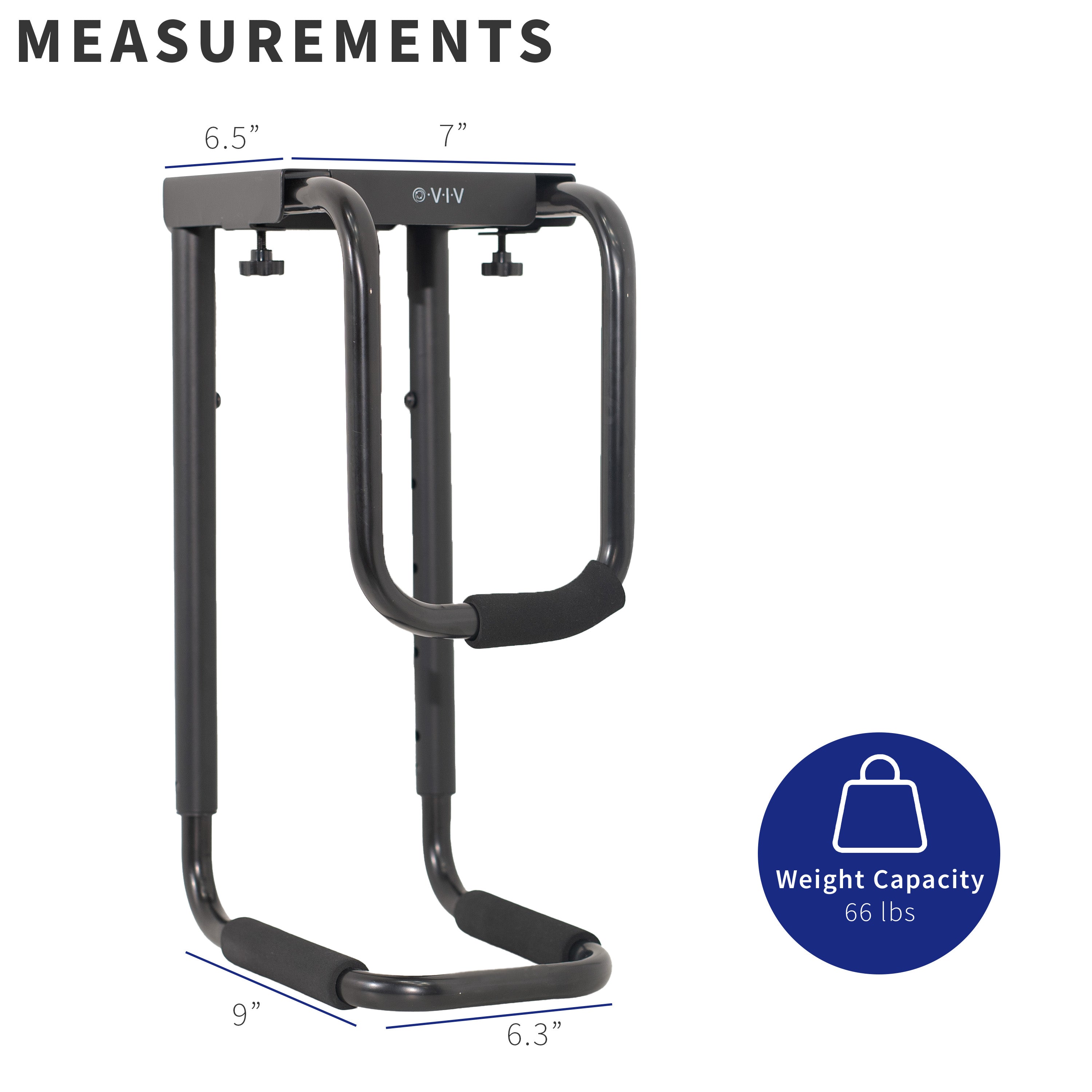 Black under desk PC mount with measurements and weight capacity label on a white background