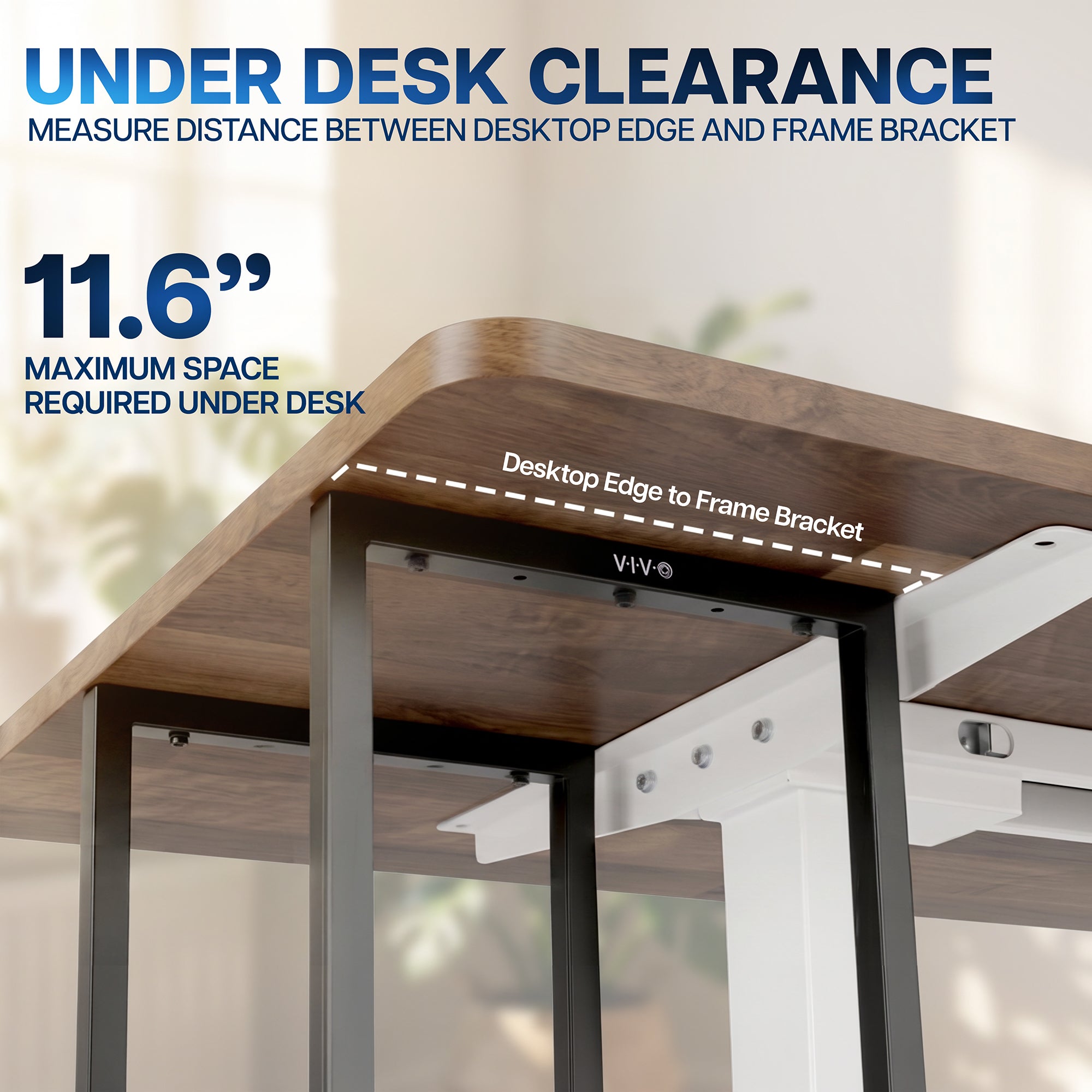 Under-desk clearance measurement graphic showing a wooden desk with white metal legs and white support brackets, overlaid with text explaining the 11.6-inch maximum space required under a desk for an under desk PC mount.